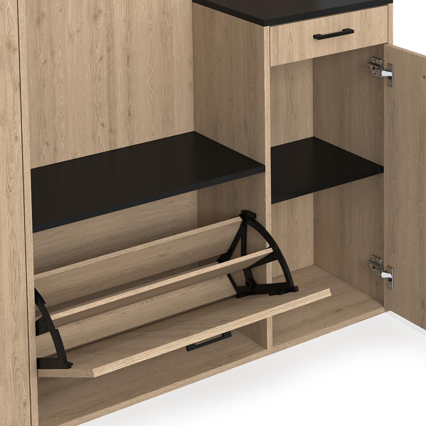 IDMarket – Armario de entrada para guardar zapatos con espejo y estantes MAHAUT XXL Maxi capacidad, efecto madera y negro