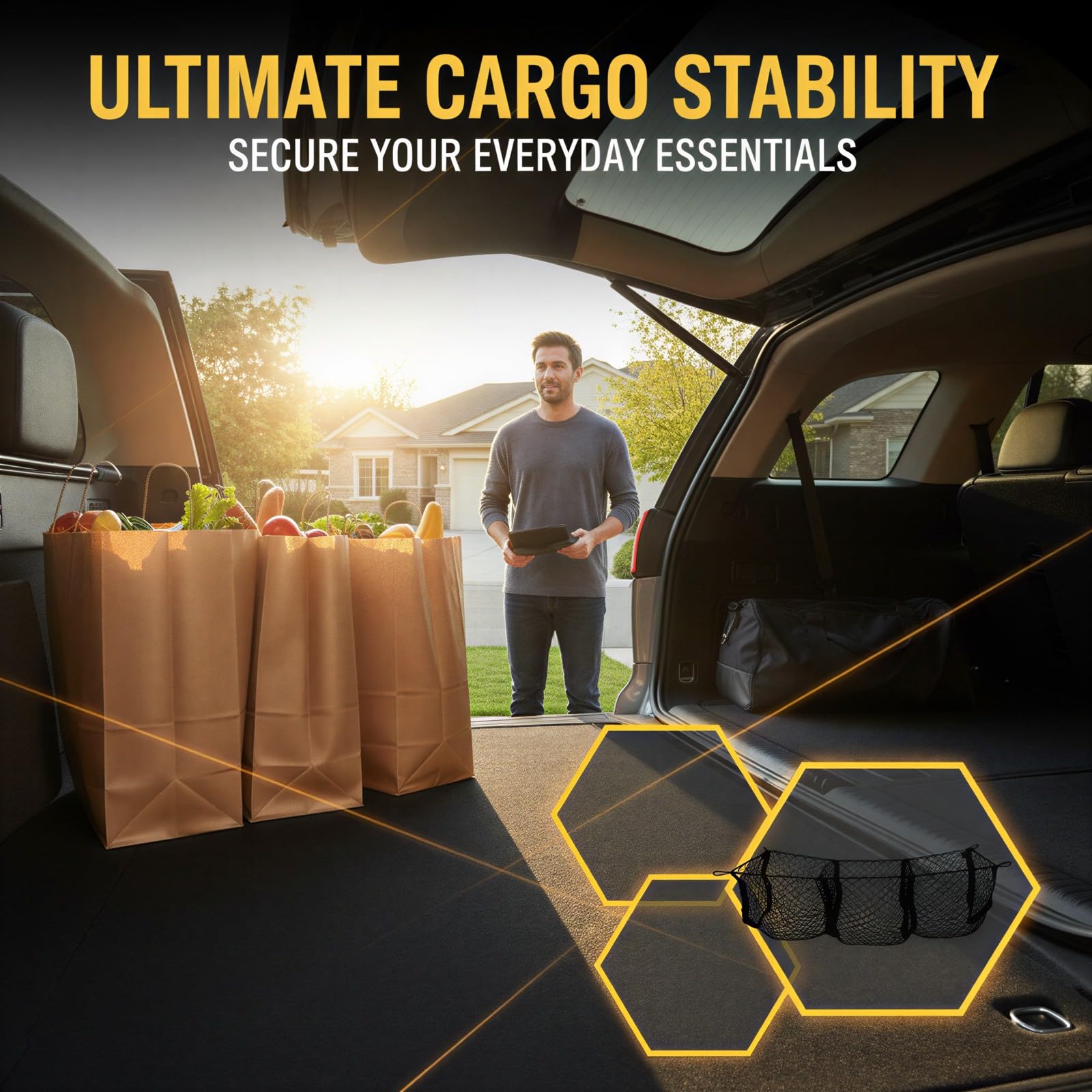 Cargo Netz fürs Auto, 43 x 12 Zoll erweiterbarer 3-Fach-Cargo-Netz Organizer, schwarzes Netzfach mit stabilem Montageset für Pickup, Kofferraum und Ladefläche, für Einkäufe, Gepäck und Zubehör