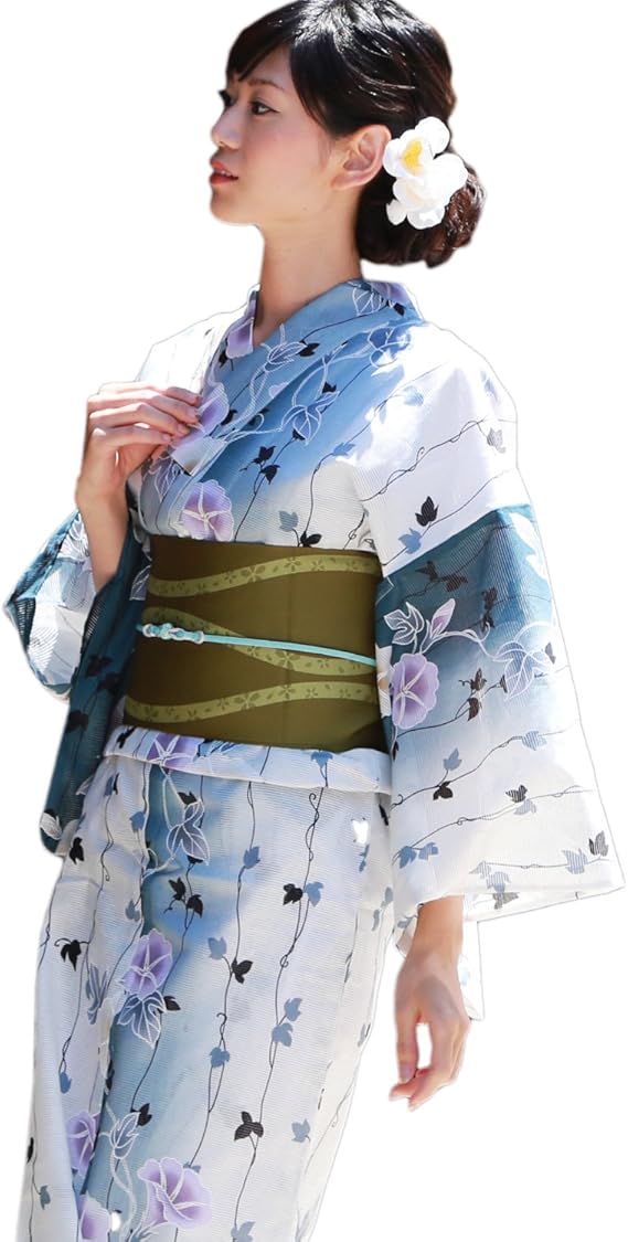 Amazon 浴衣 セット レディース高級変わり織り綿絽浴衣3点セット 白地に青緑染め分けグラデーションと朝顔 浴衣 帯 下駄 女性 レトロ モダン 花 女性和服 女性浴衣 セット 上品 大人 浴衣 通販