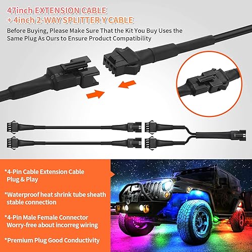 Miniatura 4 de 4 cables de extensión RGB de 47 pulgadas y 4 pines para motocicleta y 2 divisores de 2 vías, tira de luces de neón LED multicolor para motocicletas,