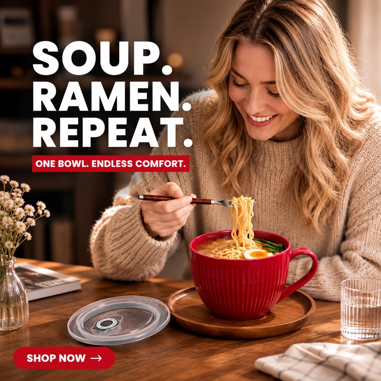 Red Ceramic Soup Bowl with Handle & Lid, 24oz Jumbo Soup Mug - Microwave & Dishwasher Safe Ceramic Ramen Bowl for Soup, Oatmeal, Salad (1 Pack)
