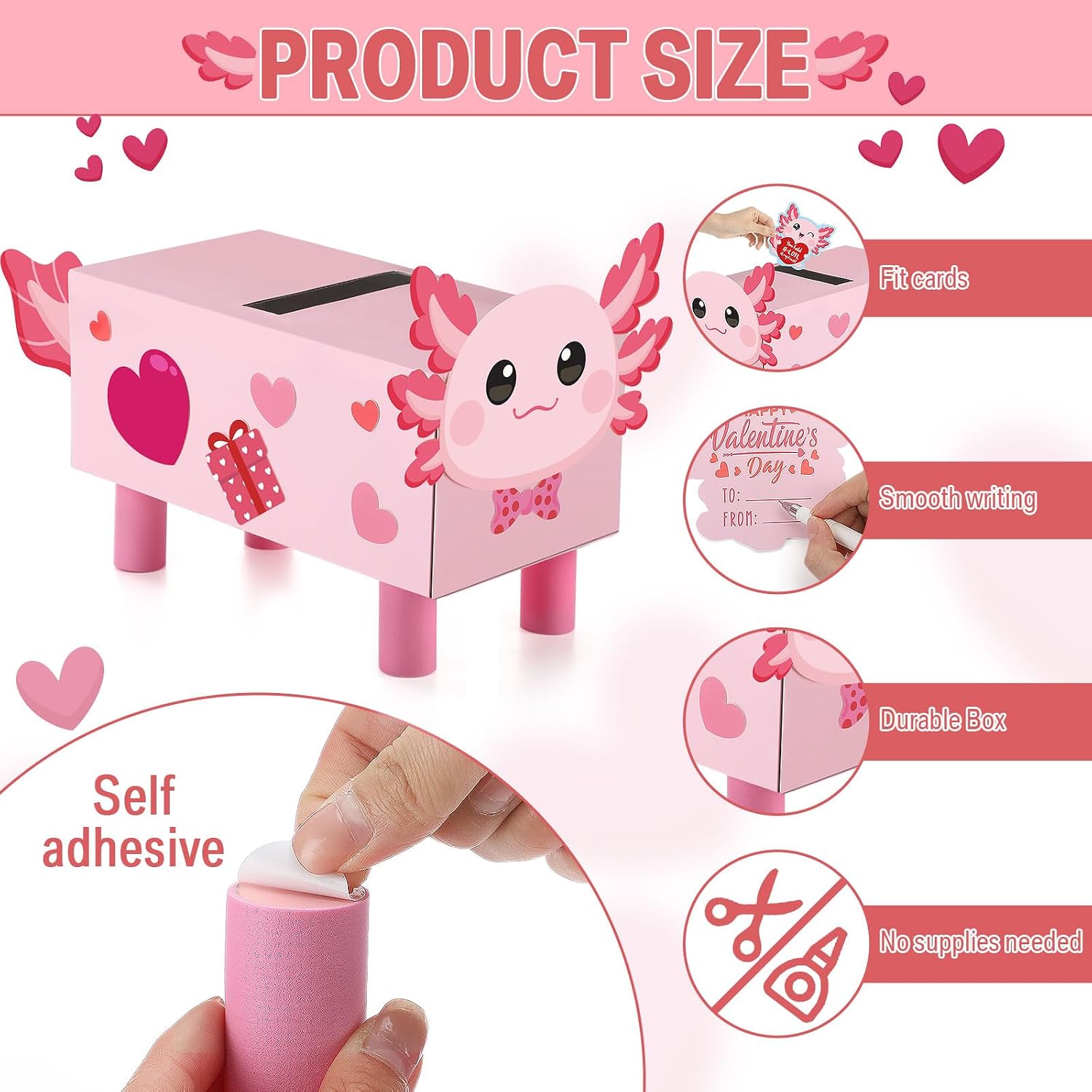 Funrous Valentine Box Kit Valentine's Day DIY Mailbox Card Box with 24 Greeting Cards and Stickers for Valentines Day Gifts Exchange Party Activity Favor Sets Mail Boxes Craft (Axolotl)