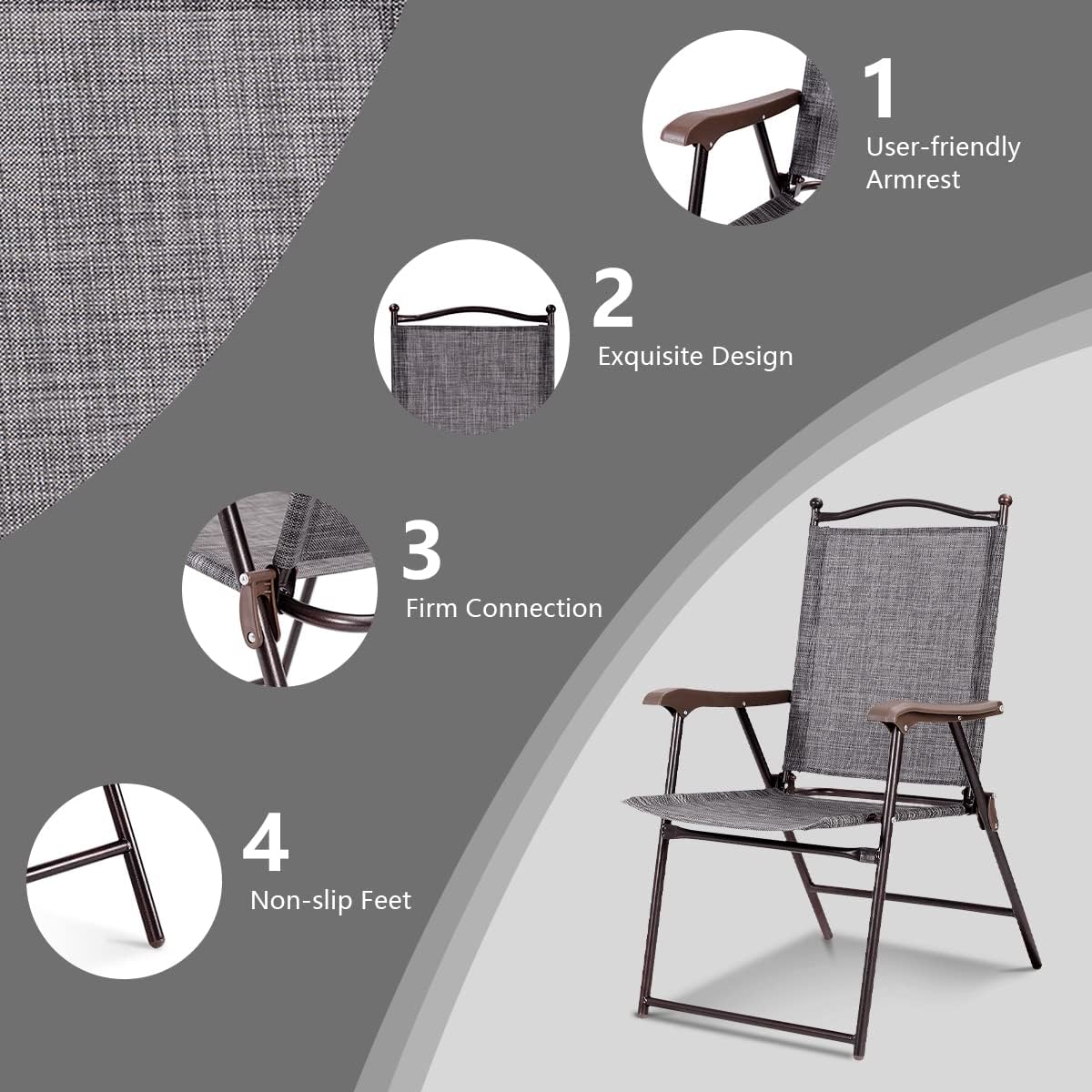 MAT EXPERT Folding Patio Chairs Set of 2, Sling Chairs with Armrest & Metal Frame, Indoor Outdoor Portable Lounge Chairs for Beach, Backyard, Garden, Poolside, No Assembly (Gray)