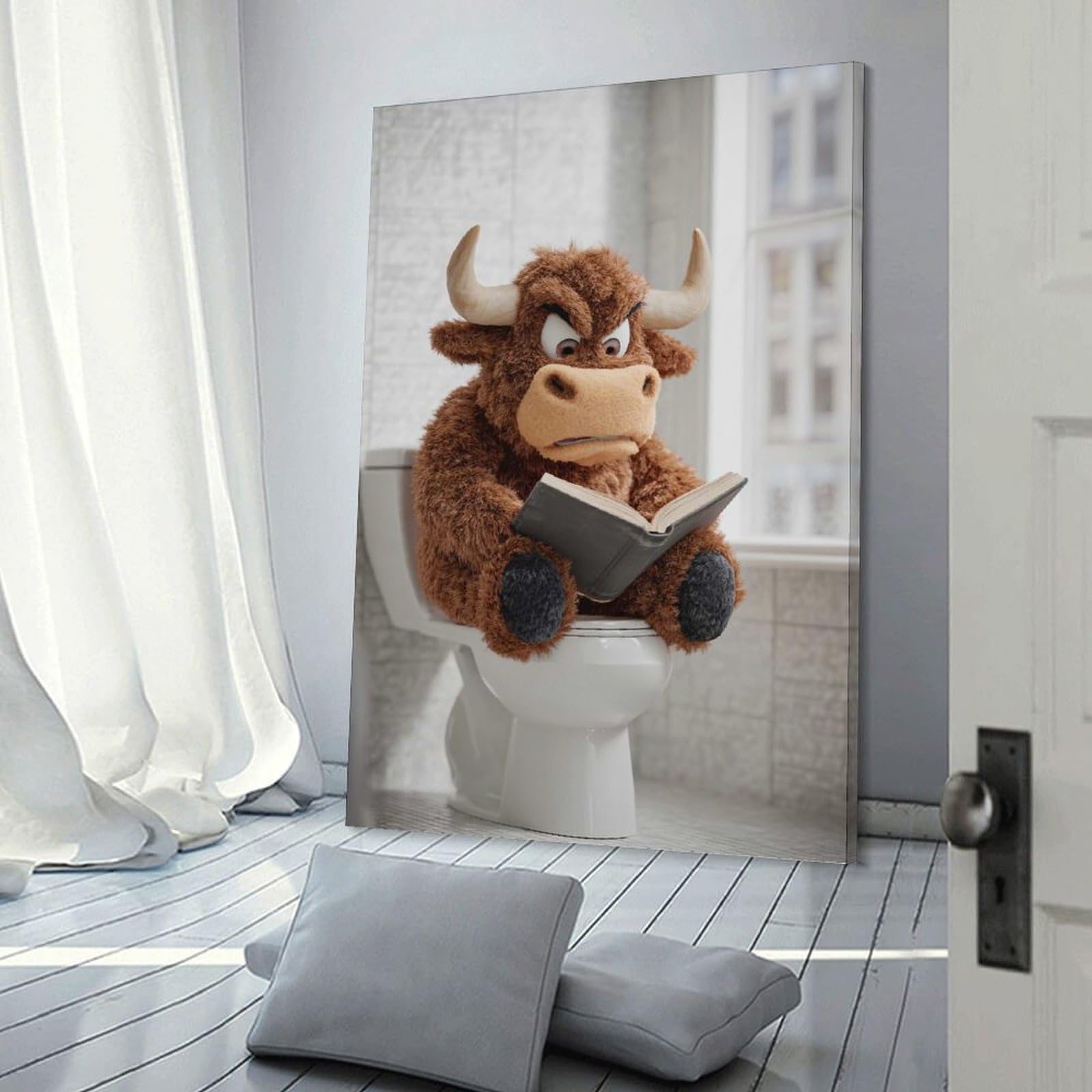 Junmoney Wall Art Print Furry Bull Reading on Toilet, 20x30inch(50x75cm), for Bedrooms, Workspaces And Everyday Interiors, Stylish Home Artwork for Focal Walls