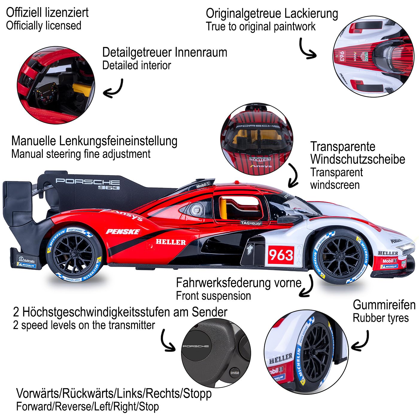 JAMARA 402261 Porsche 963 LMDH 1:14 czerwony, 2,4 GHz, licencjonowany, zdalnie sterowany samochód RC z ręcznymi drzwiami, model samochodu, zabawkowy dla dzieci