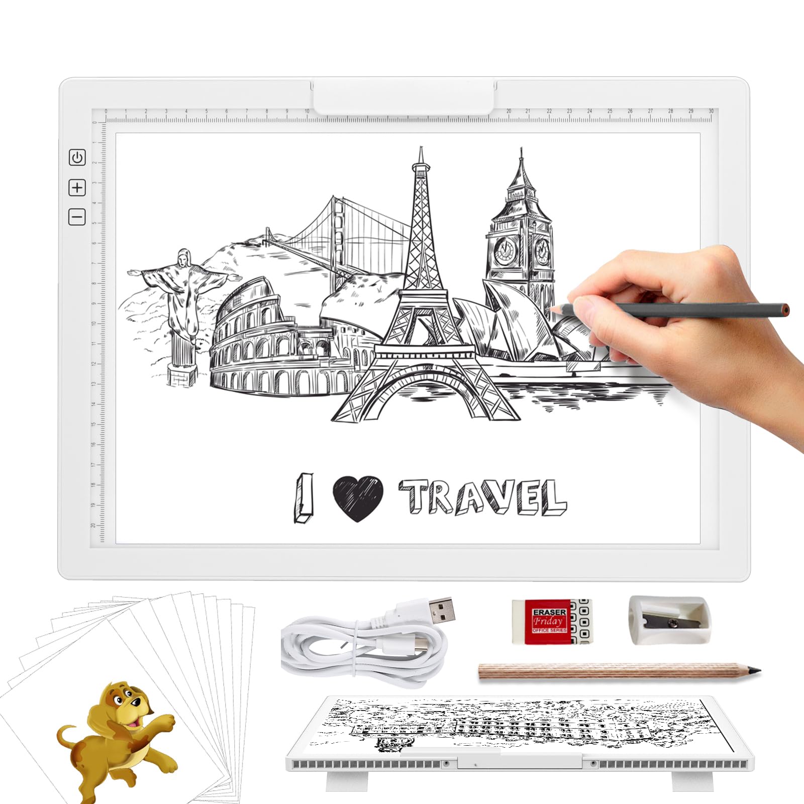 KOBAIBAN Wireless A4 LED Light Pad with Innovative Stand, Top Clip, Stepless/ 6-Level Dimmable Brightness Rechargeable tracing Light Box/Board for Cricut Weeding Vinyl, Diamond Painting, HTV (White)