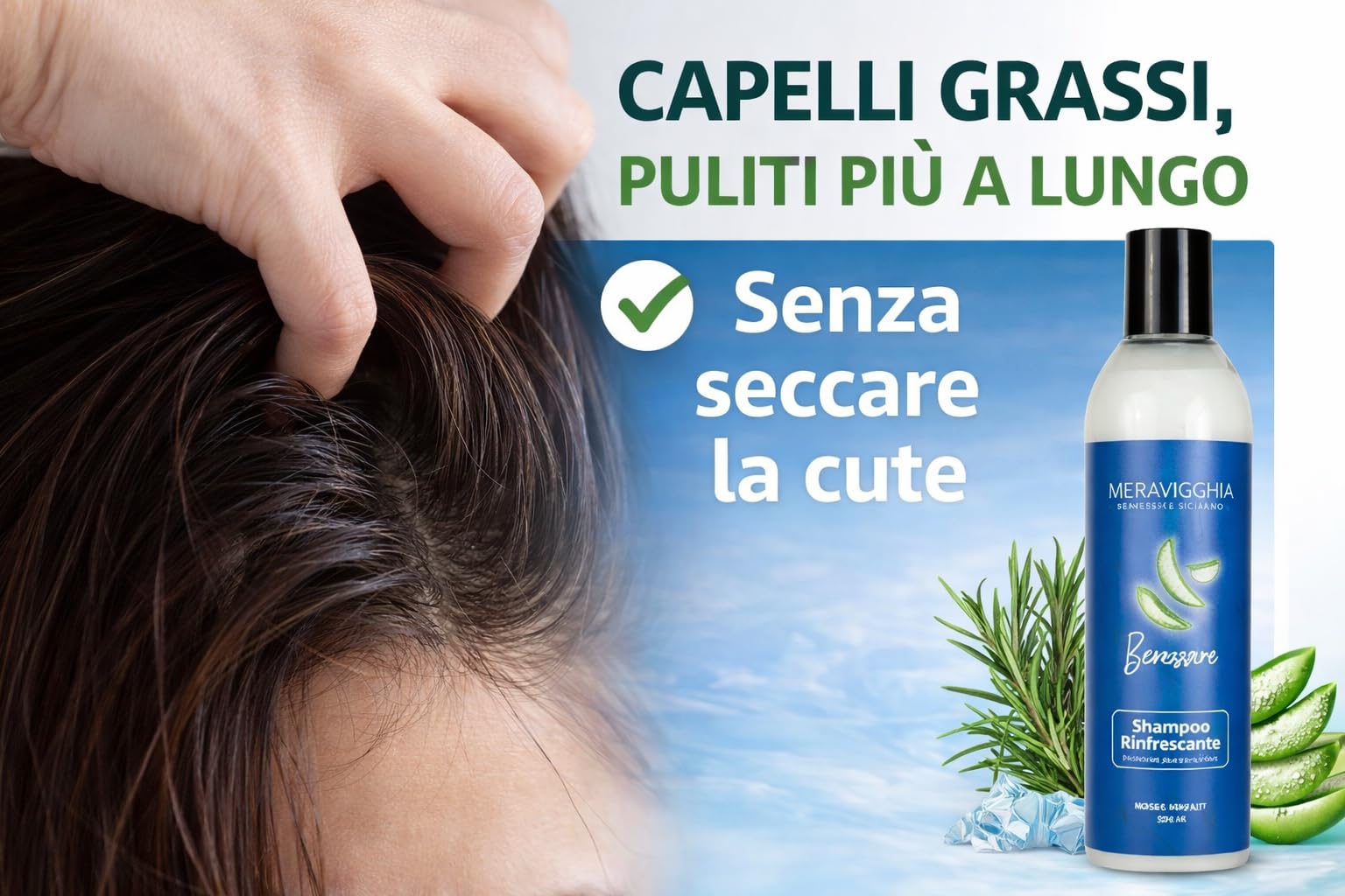 Shampoo Capelli Grassi Sebo-Regolatore al Rosmarino, Aloe e Menta - Cute Pulita e Rinfrescata dal primo lavaggio - Made in Italy - 250 ml