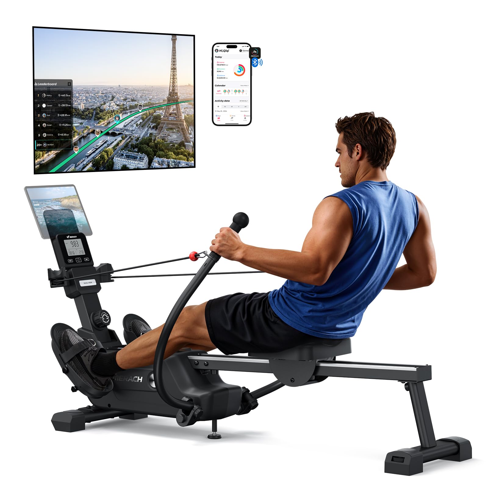MERACH Rudergerät für Zuhause, Innovativ Doppelpaddel mit Mehreren Trainingsmodi, Ganzkörpertraining mit der MERACH APP, über 1000 Champion-Kurse, Simuliert Echtes Rudern