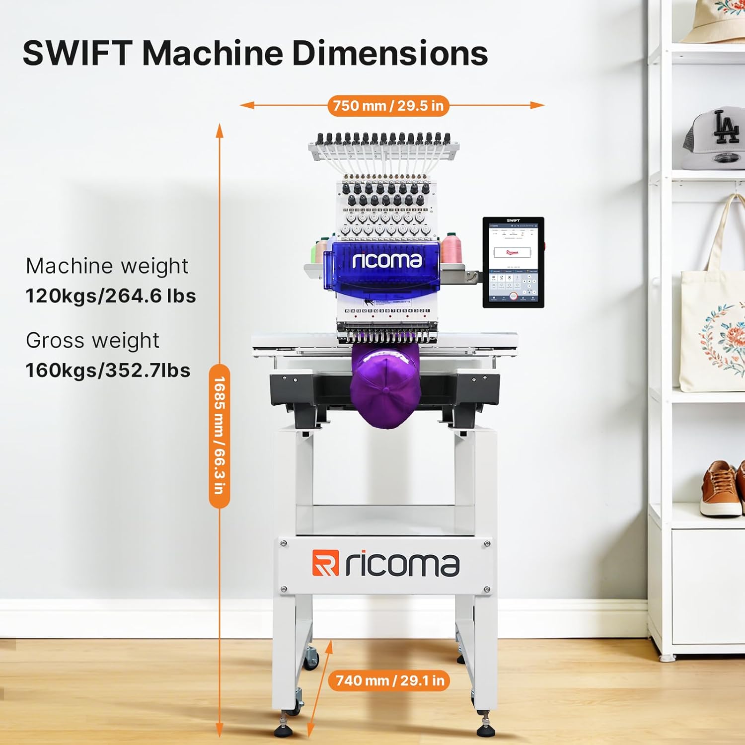 Ricoma Swift 1501 15-Needle Commercial Embroidery Machine, 20.5"x13.8" Large Embroidery Area, 1200SPM Max Speed, 10.1" Touchscreen, Wi-Fi/USB, 3D Cap & Flat Clothing Embroidery for Business