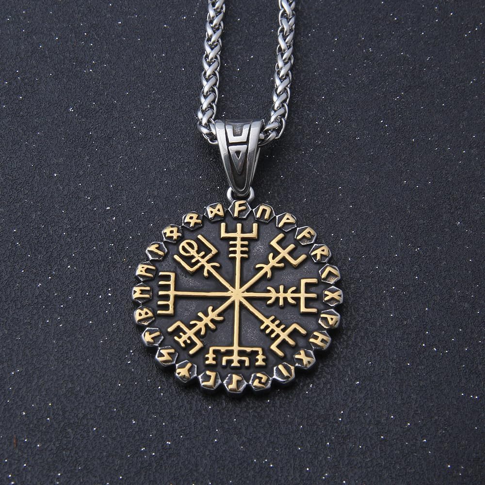 Viking Helm of Awe Pendant Necklace, Stainless Steel Chain, Norse Rune Symbol, Two-Tone Black and Gold Finish - Image 2