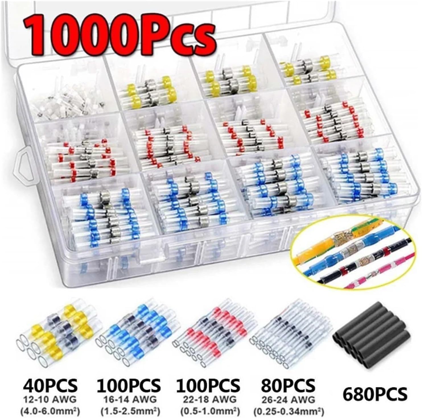 1000Pcs Heat Shrink Butt Crimp Terminals Solder Seal Electrical Butt Connectors Wire Cable Splice Terminal Kit VUQLDHAYZ