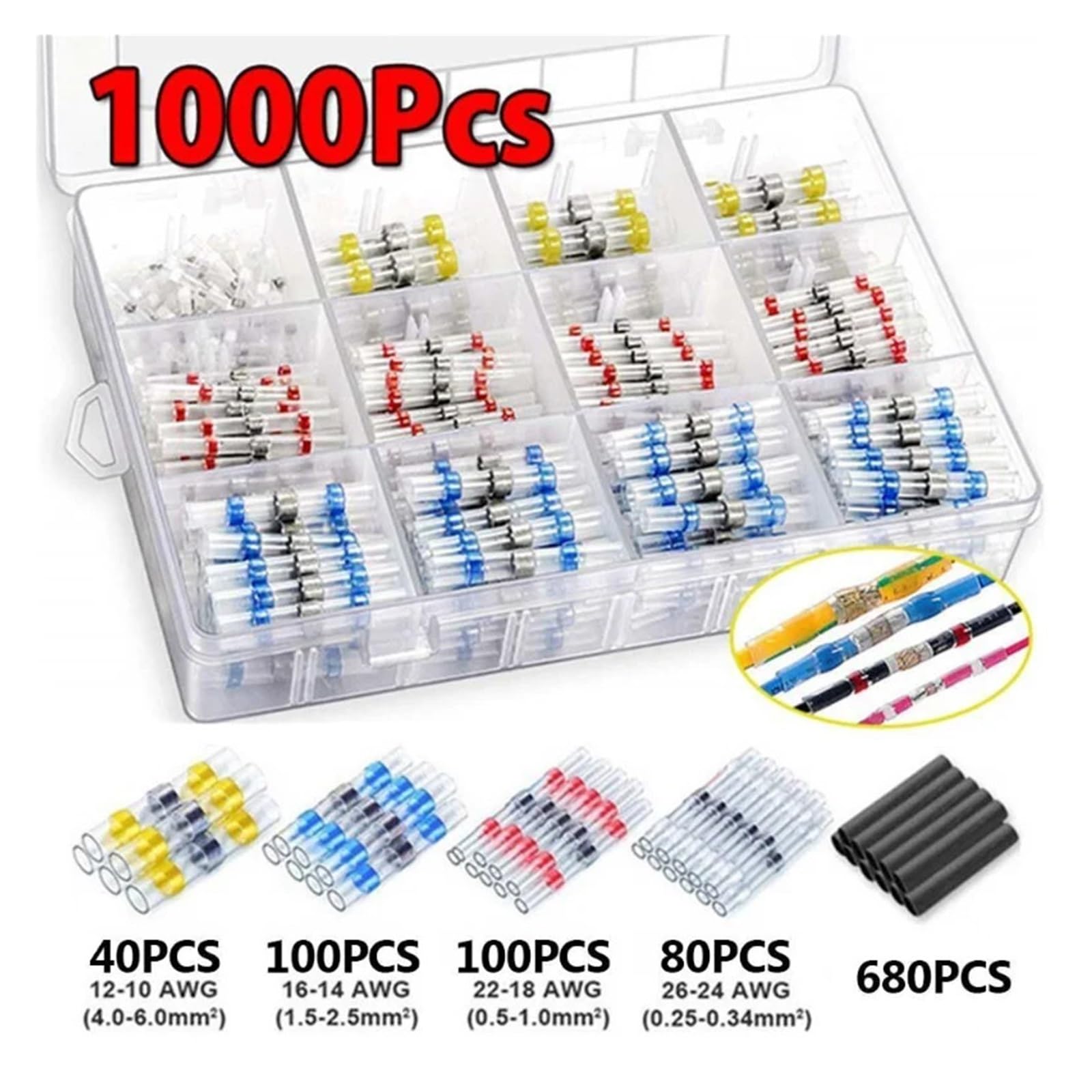 1000Pcs Heat Shrink Butt Crimp Terminals Solder Seal Electrical Butt Connectors Wire Cable Splice Terminal Kit