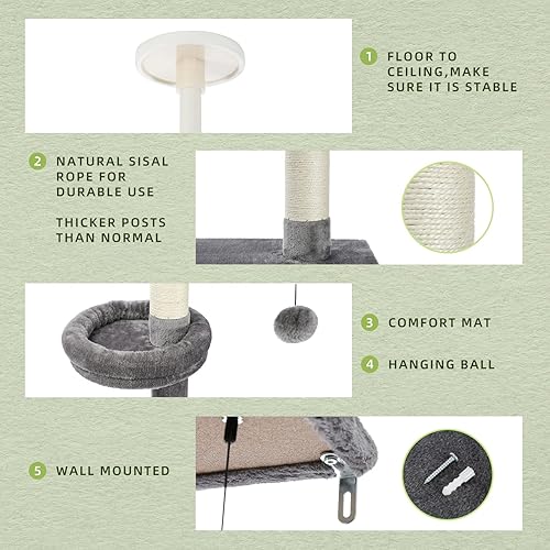 Miniatura 4 de PETEPELA Árbol para gatos de piso a techo, torre para gatos de 5 niveles de altura (95-107 pulgadas), ajustable, árbol alto para escalar gatos con