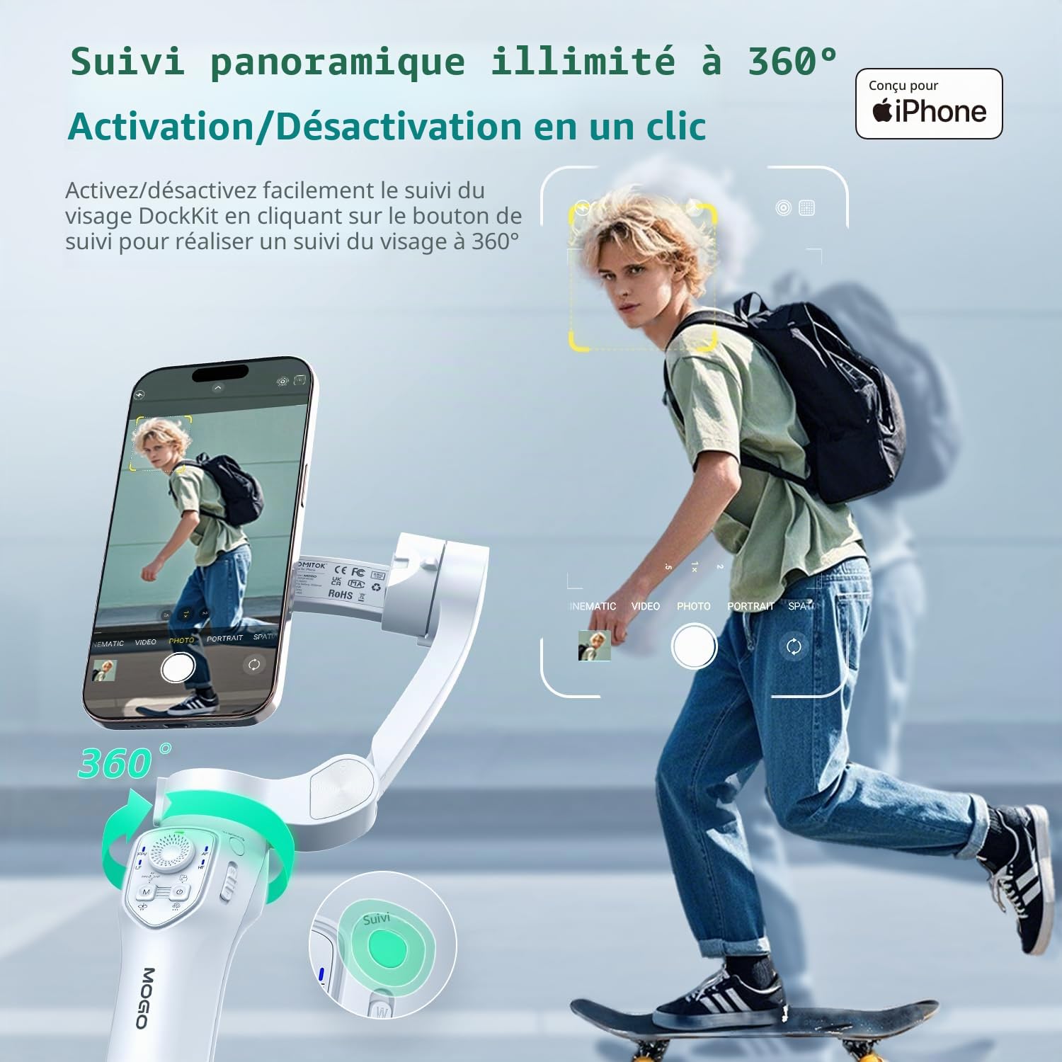 COMITOK MOGO Stabilisateur Gimbal [Certifié MFi] Spécialement pour iPhone Stabilisateur iPhone avec Suivi Visage Automatique Contrôle Apple Watch & Télécommande Vidéo sans Secousse Compatible iOS 26