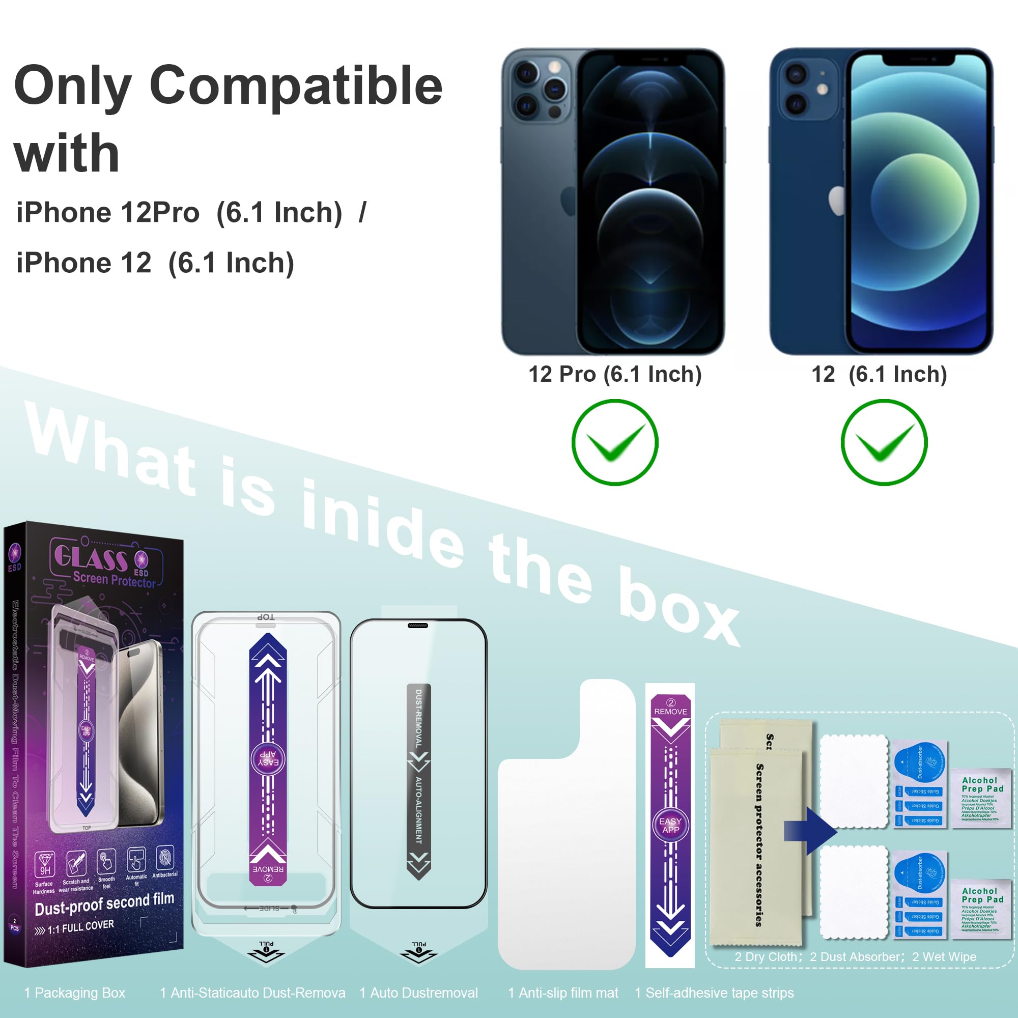 2 sztuki folii ochronnej na wyświetlacz ze szkła hartowanego do iPhone 12 i iPhone 12 Pro 6,1 cala, automatyczne usuwanie kurzu, bez pęcherzyków powietrza, wysoka rozdzielczość, łatwa