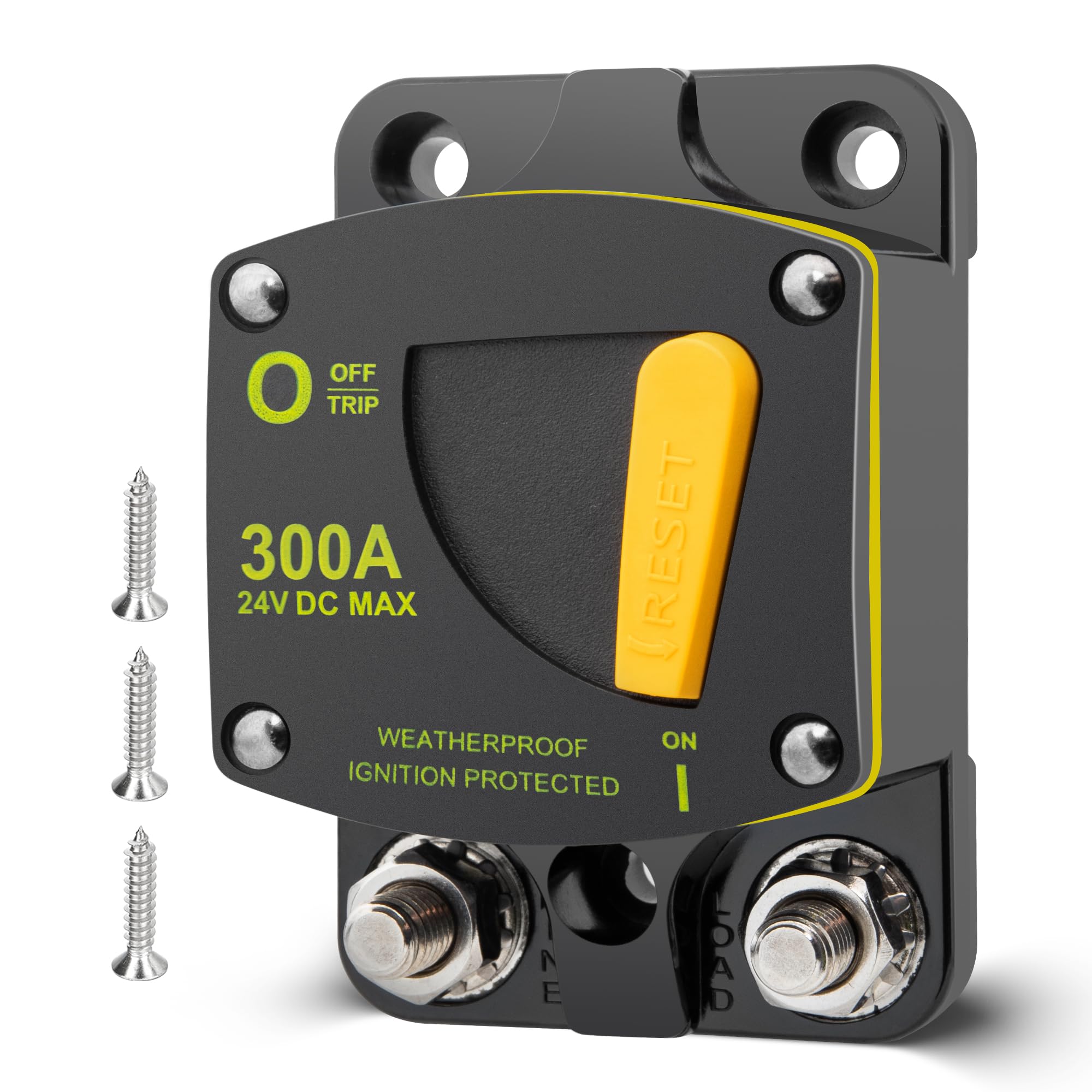 RED WOLF 300A Auto Schutzschalter DC 12V-24V, Automatische Sicherung 300 Ampere Sicherungsautomat kfz für LKW Boot Stereo Radio Autobatterie Sicherungshalter mit Manueller Reset Gelb