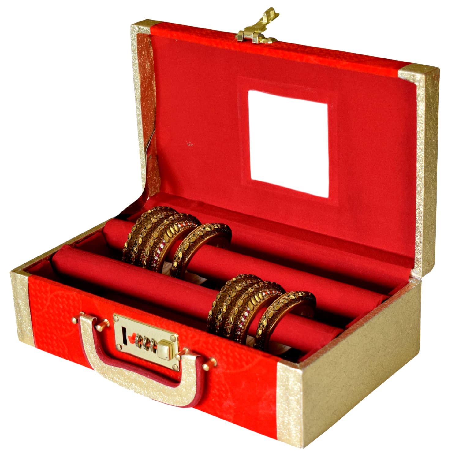 Kuber Industries Flower Design Wooden 2 Rod Bangle Box/Organizer For Bangels, Watches, Bracelets, Jewellery With Number Lock System (Red)-47KM0694