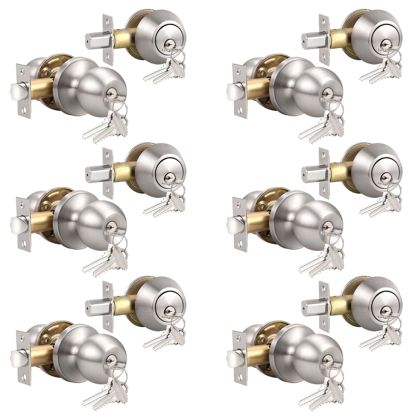 Knobonly 6 Set Keyed Same Entry Door Knob with Single Cylinder Deadbolt, One Keyway Door Lock Set in Satin Nickel Finish, Indoor/Outdoor Security Door Handles