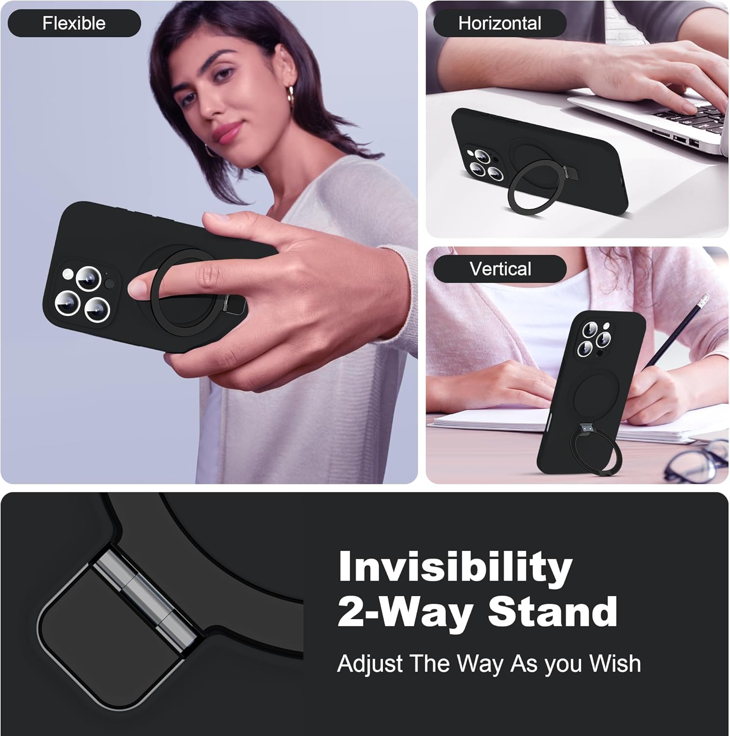 Designed for iPhone 16 Pro Case with Magnetic Invisible Stand Compatible with Mag-Safe Military Drop Tested Shockproof Silicone Phone Cases for Women Men 6.3'', Black - Image 2