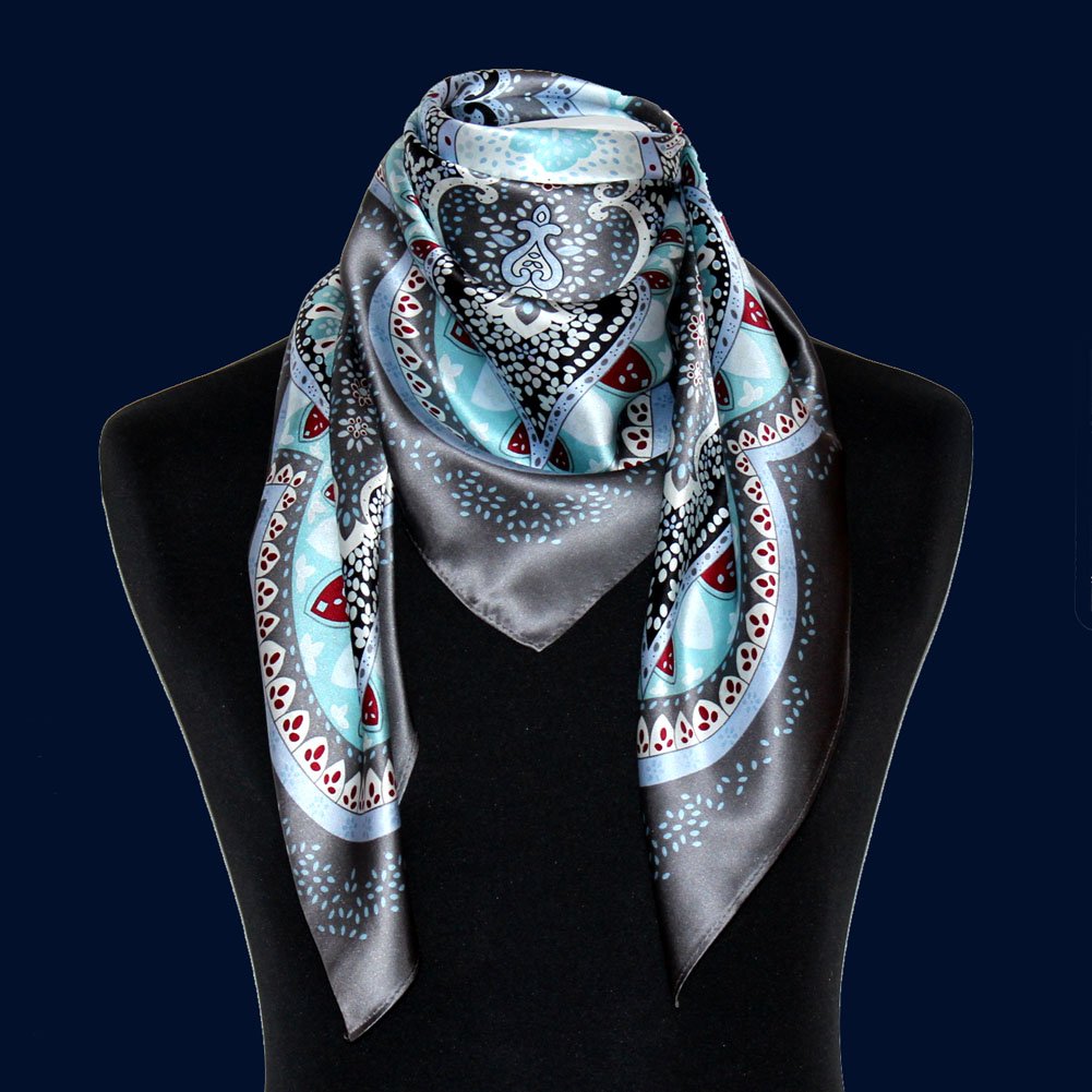 LORENZO CANA Foulard pour la femme – écharpe de 100% soie pour le printemps et l´été, carré avec les mesures de 90 x 90 cm – en bleu ciel turquoise gris argente rouge