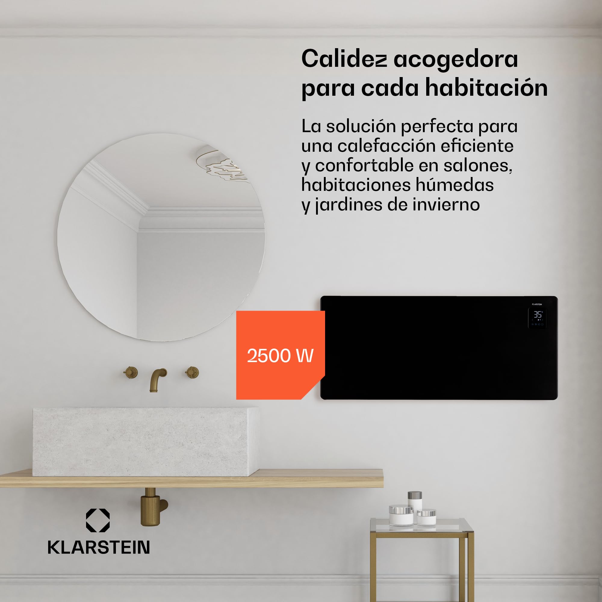 Klarstein Radiadores Bajo Consumo Electricos para Casa, Estufa Electrica de 2500W con Ruedas, Radiador Electrico Silencioso, Portátil y Delgado, Estufas con Panel para Montar en Pared y Termostato