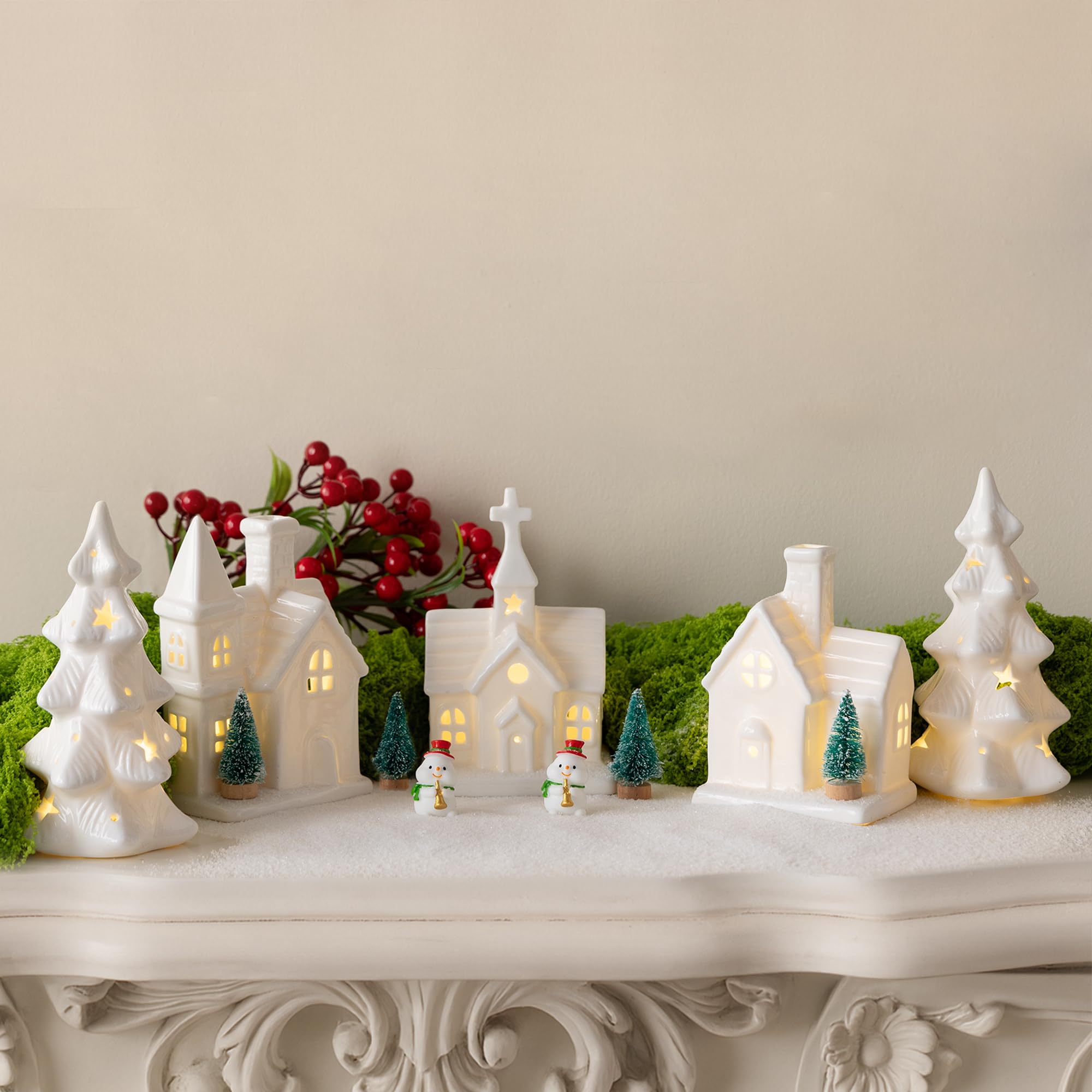 Weihnachtsdorf aus Keramik, Weiß, 11 Stück, inklusive 3 beleuchteten Porzellanhäusern, 2 LED-Weihnachtsbäumen, 4 Mini-Bäumen und 2 Schneemann-Figuren – LED-Urlaubs-Tischdekoration für den Winter