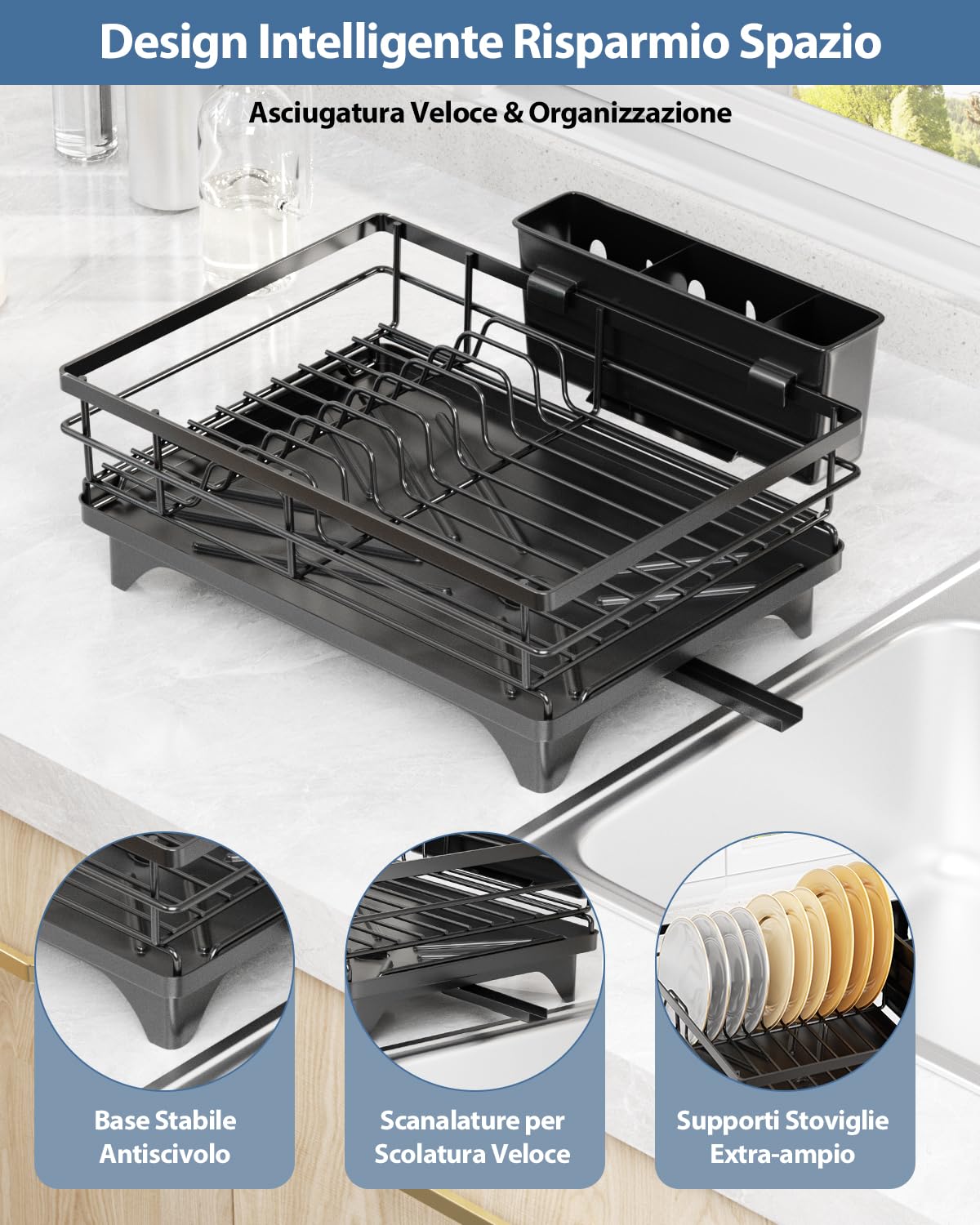 Escurreplatos Que Ahorra Espacio, Escurridor de Platos Escurreplatos de Acero Inoxidable escurreplatos sobre Fregadero Escurridor de Platos con Drenaje Automático