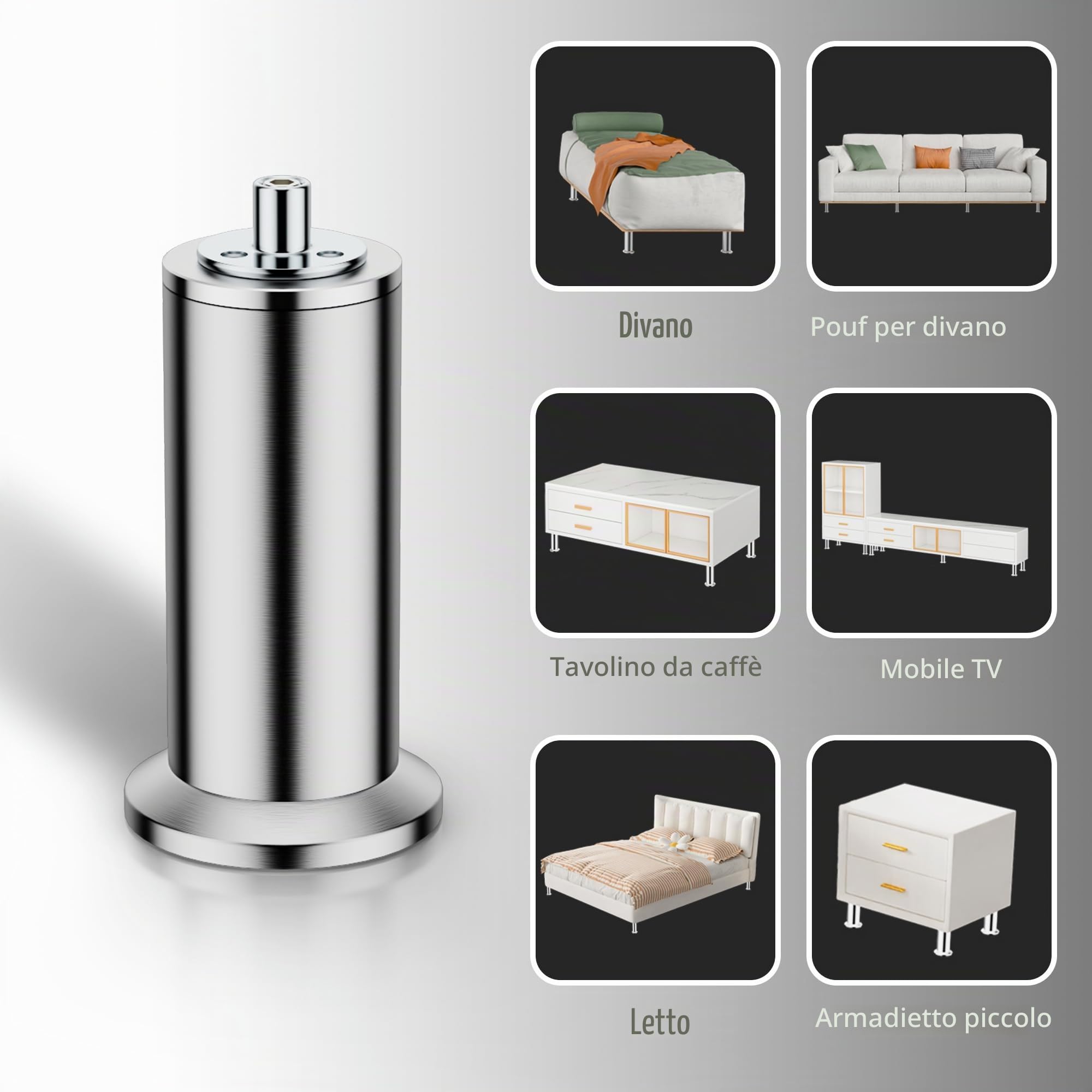 Set di 4 gambe per mobili M10, in acciaio inox, per armadio, letto, divano, tavolo, altezza regolabile, viti M10, supporto superiore a 600 kg (12,5 cm)