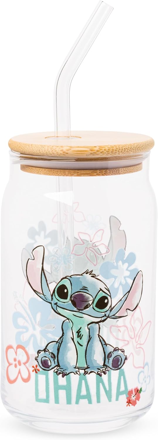 Silver Buffalo Disney Lilo and Stitch Ohana Floral Glass Jar Tumbler with Bamboo Lid and Glass Straw, 16 Ounces