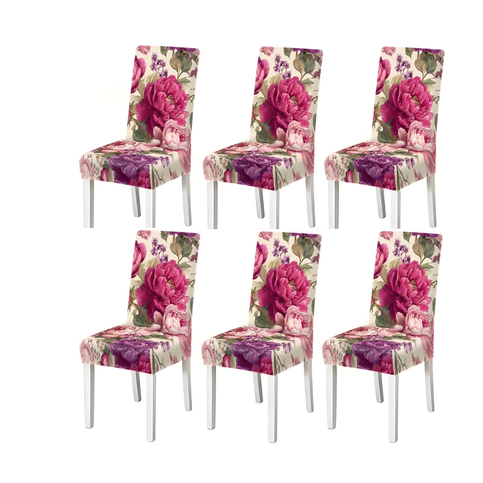 BOSUYBN Pink Purple Peony Chair Covers Set Of 2/4/6, Stretch Dining Chair Slipcovers, Luxury Floral Home Decor Furniture Protectors for Home Dining Room(6PCSChair cover)