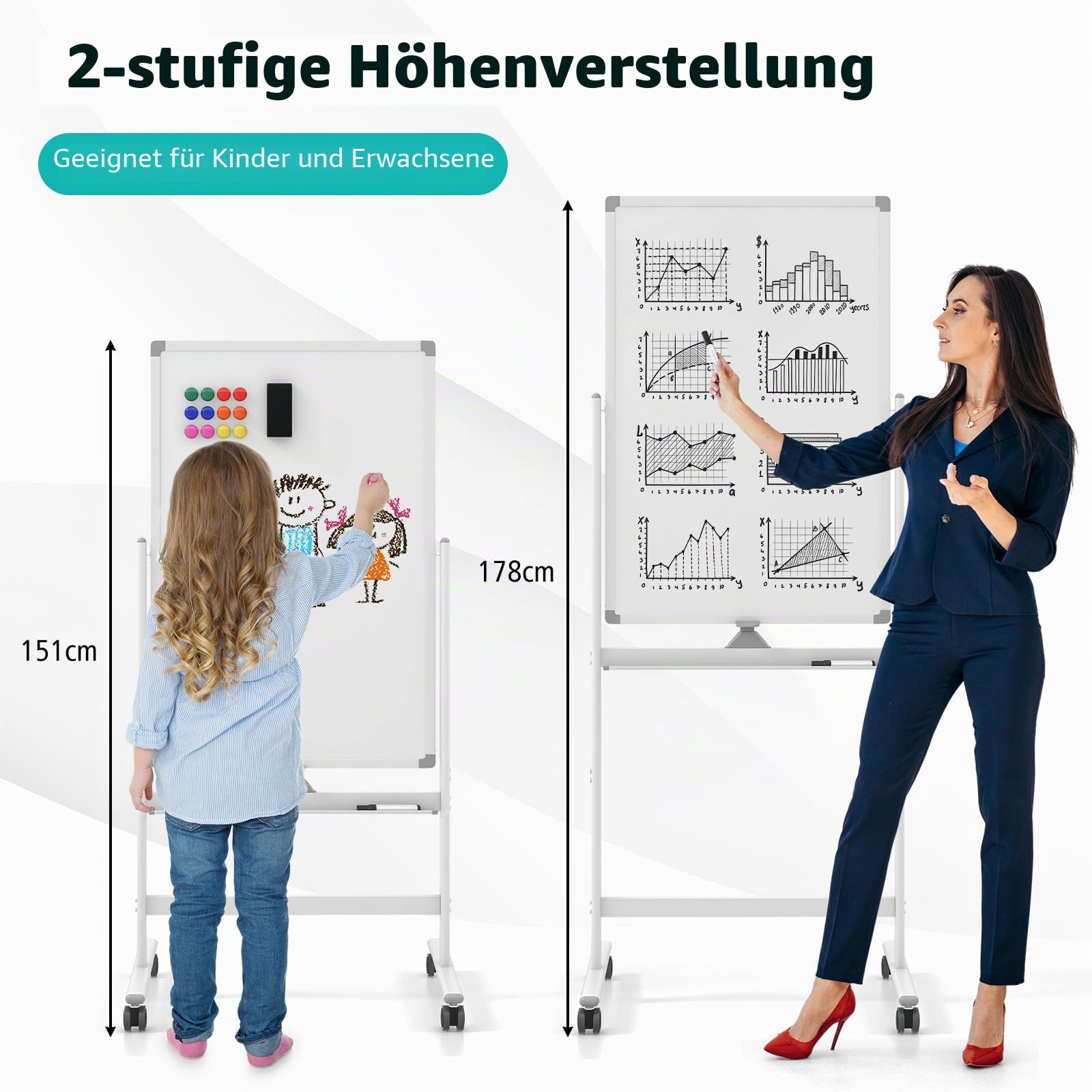 GIANTEX Doppelseitiges Mobiles Whiteboard, 60 x 90 cm, magnetisches Whiteboard höhenverstellbar mit Rollen & Ständer, Magnettafel mit Stiftablage, inkl. Zubehör, Trocken abwischbar (Weiß)