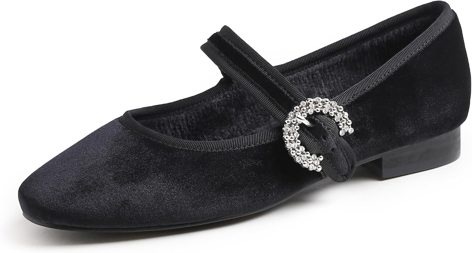Sq Maryjane Black Velvet Fur Lined Rhinestone Buckle
