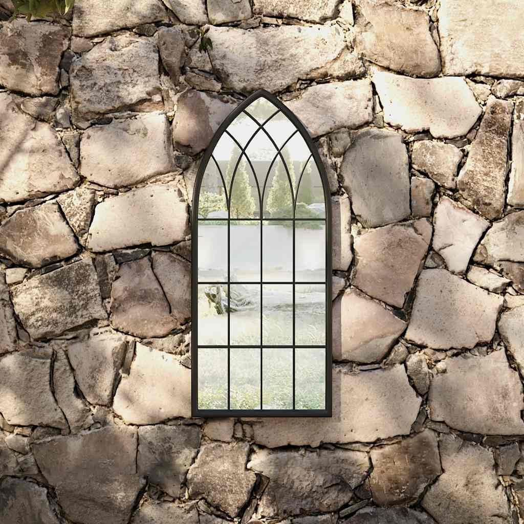 Espejo de jardín negro, 70 x 30 cm, hierro con efecto oxidado, agujero preperforado para montaje en pared en exteriores, espejo decorativo para reflexión de la luz y aumento de espacio