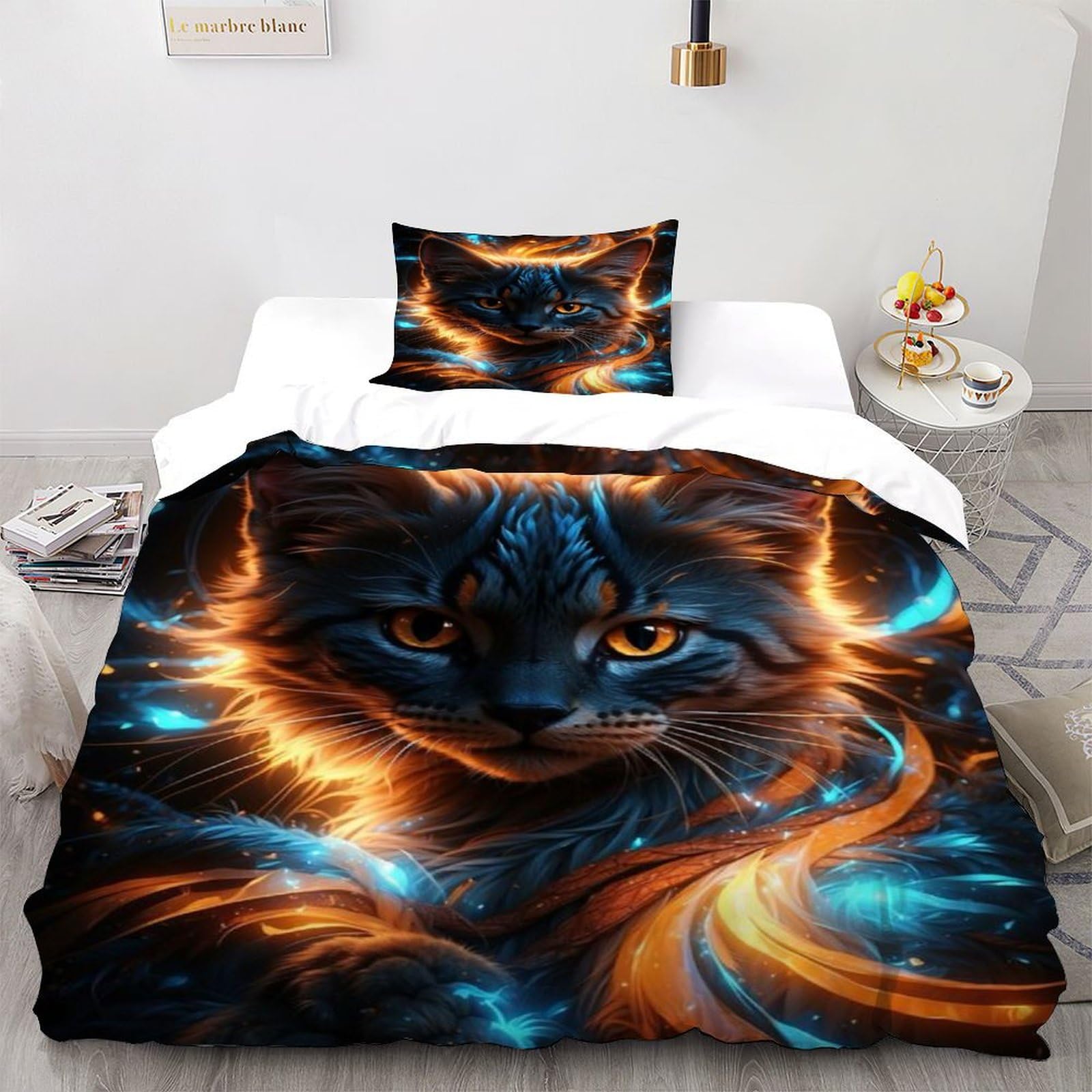 Housse de couette Flame Cat 2 pièces avec taie d'oreiller lit simple animaux