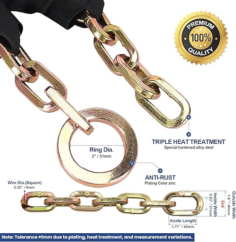 Miniatura 3 de Cadena de seguridad resistente, cadena de motocicleta de 10 pies x 38 pulgadas de grosor, antirrobo y a prueba de cortes con anillo de cincha,