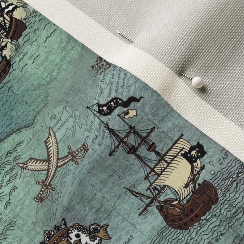 Spoonflower Fabric - Pirate Ships Map Blue Vintage Ship Ocean Nautical Historical Printed on Upholstery Velvet Fabric Fat Quarter - Upholstery Home Decor Bottomweight Apparel