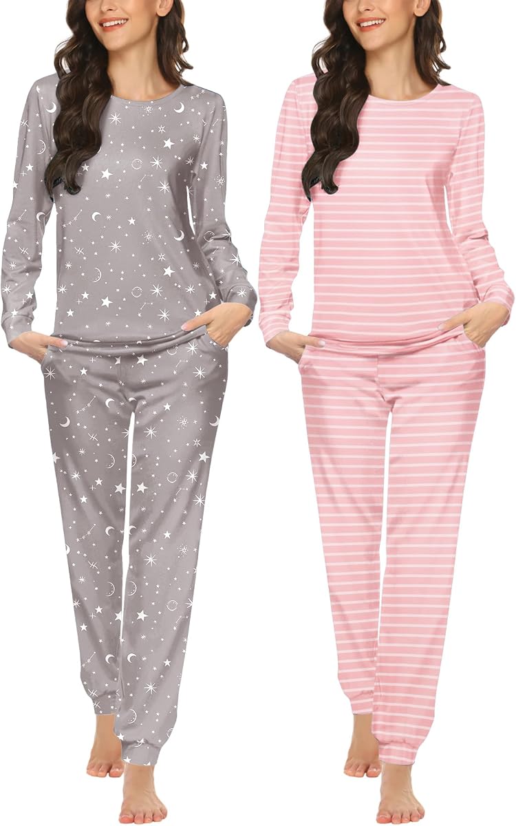 Ekouaer 2 Pack Pajama Sets for Women,Long Sleeve Top Jogger Pant Loungewear | Winter Pyjama,Round Neck Sleepwear,Side Pocket Warm Pjs,4 Pieces Cozy Lounge Set,Elastic Waistband,Ankle Cuffs,Christmas Gift
