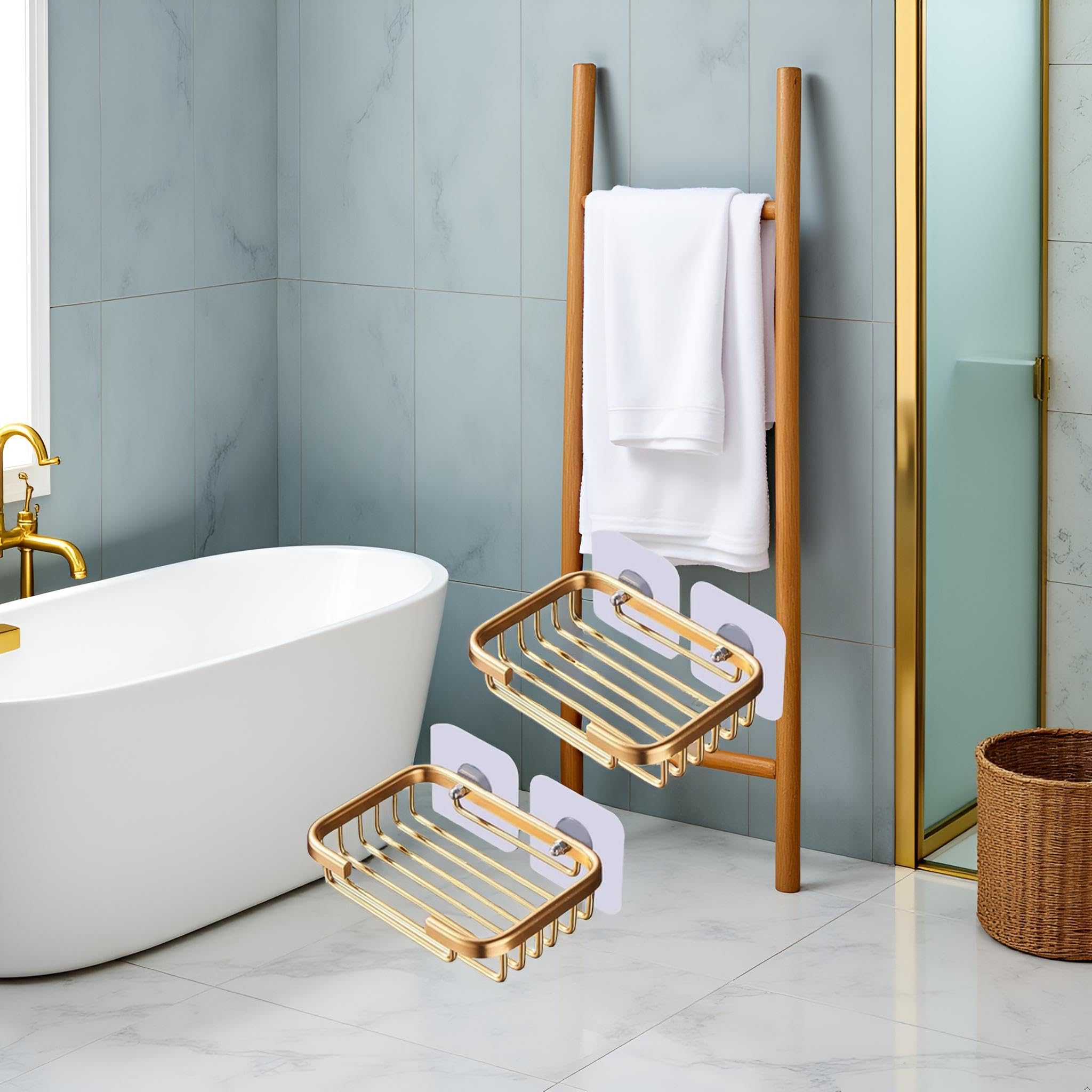 2 jaboneras doradas para ducha, estante de drenaje colgante creativo, soporte autoadhesivo para jabonera, estante de almacenamiento de jabonera, libre de daños, taladro de baño, jaboneras de baño, 3
