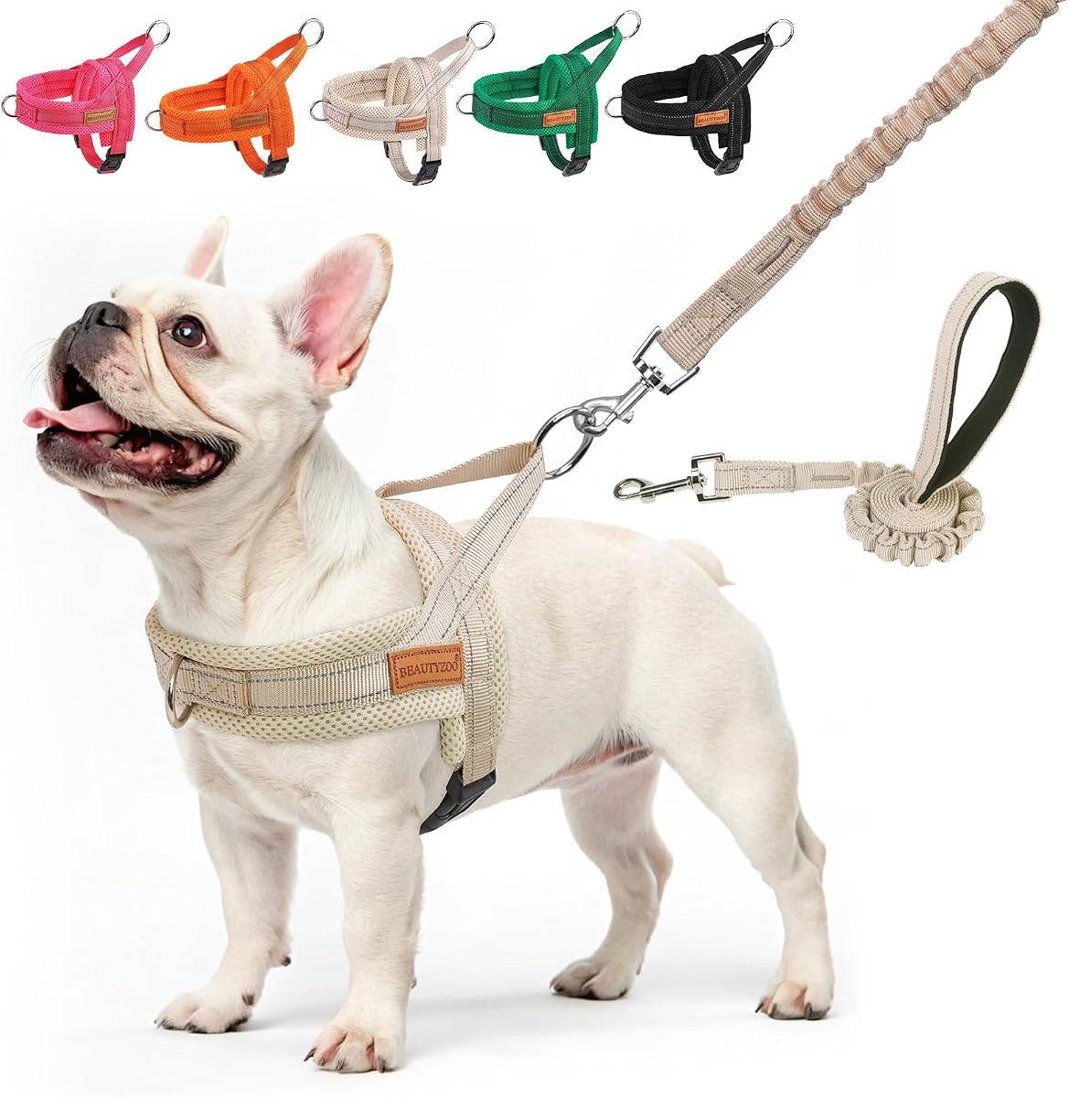 BEAUTYZOO Dog Harness Medium Sized and Leash Set, No Pull Step in Pet Vest | Breathable Mesh with Handle, Reflective, Adjustable No Choke Escape Proof, Lightweight, Easy Control for Walking, Beige M