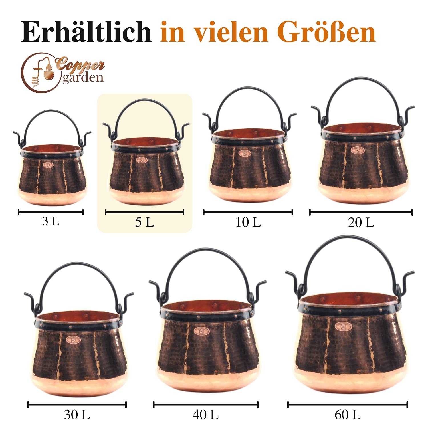 CopperGarden Kupferkessel 5 L mit Henkel I Robuster Kessel aus blankem Kupfer: Ideale Wärmeleitung & -verteilung I Lebensmittelechter Feuerkessel für Gulasch/Feuerzangenbowle uvm.