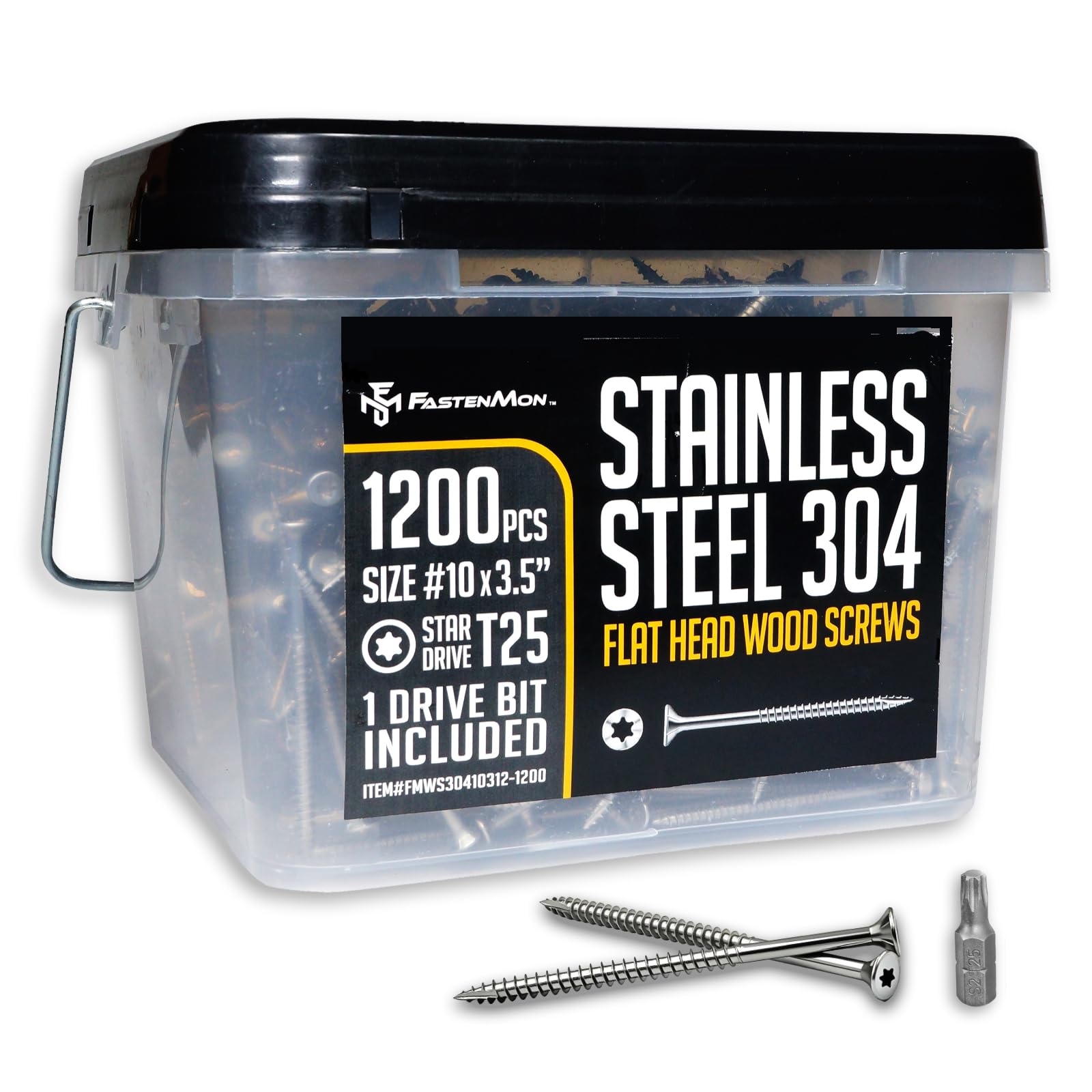 Fastenmon wkręty do drewna 10 x 3 1/2 cala 1200 sztuk 9,5 kg ok. typ 304 stal szlachetna do użytku na zewnątrz, konstrukcja drewniana, jeden bit T 25 w zakresie dostawy