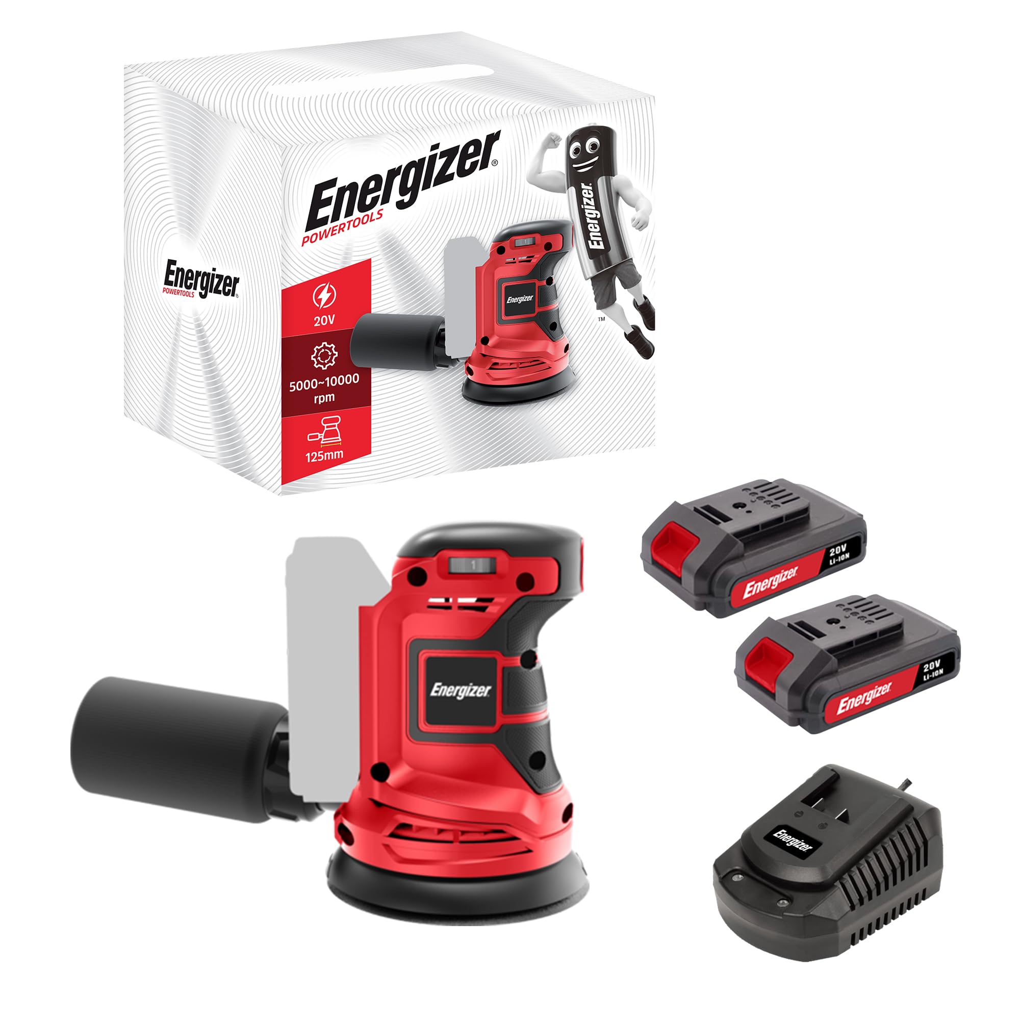 Energizer – Ponceuse Circulaire Sans Fil 20V, 10 000 tr/min, 6 Vitesses Réglables – Plateau 125 mm Auto-Agrippant, Sac Collecteur, 10 Disques Inclus – Inclus 2 Batteries 20V 2AH + Chargeur Rapide