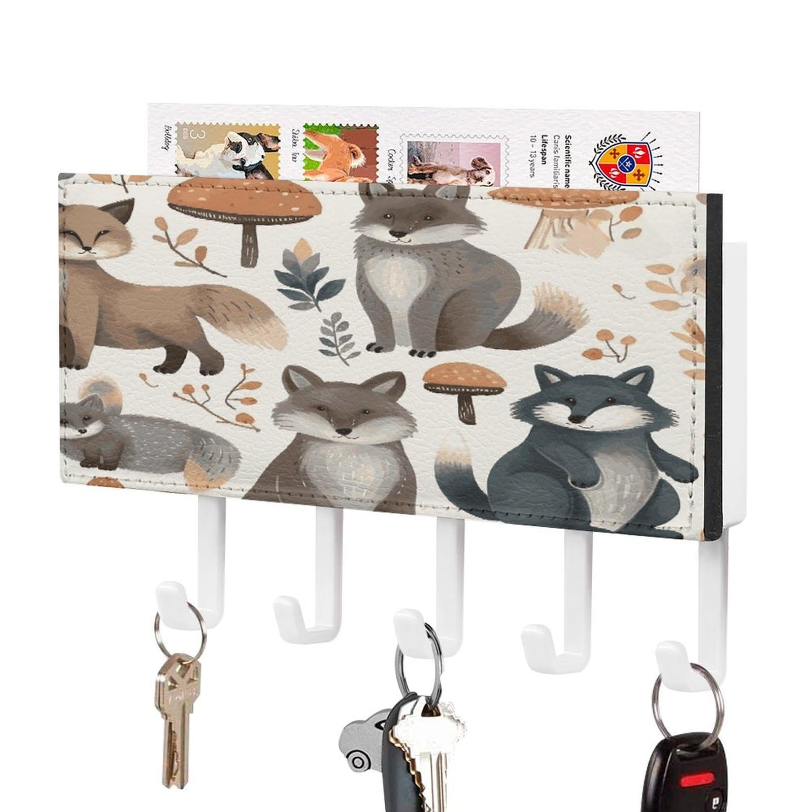 FekiLoot Woodland Raccoon Animals Key Holder Wall Mount Key and Mail Holder Key Hanger with 5 Hooks Decorative PU Key Rack Hanging Key Hooks for Wall Living Room Kitchen Bathroom Hallway White-Style