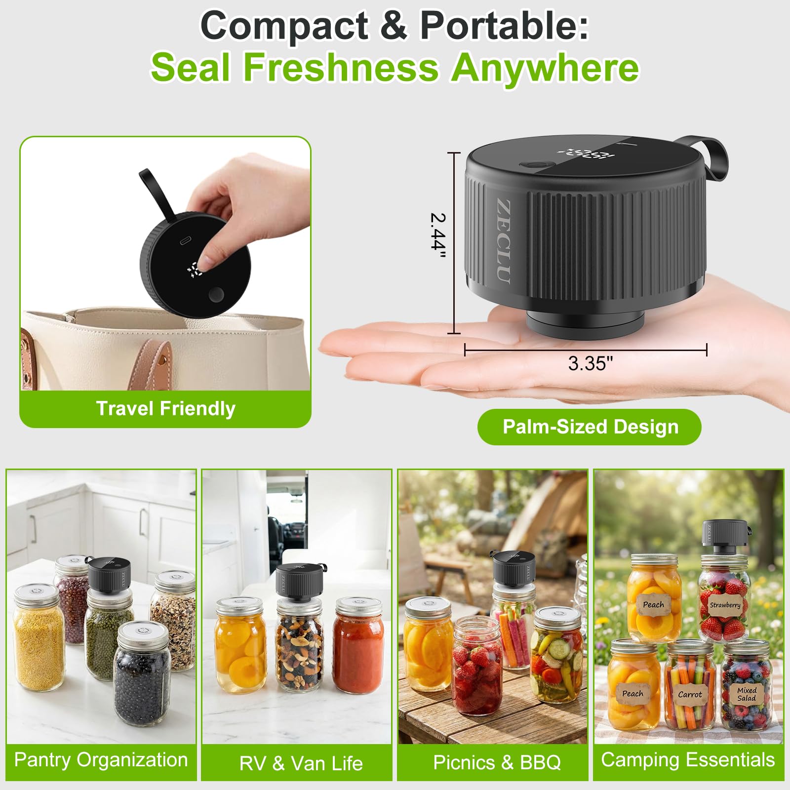 Electric Mason Jar Vacuum Sealer Kit, Automatic Jar Sealer for Wide and Regular Mouth Mason Jars, Portable Cordless Vacuum Sealer for Canning and Food Storage, Includes 20 Lids, 24 Labels, Black — view 6