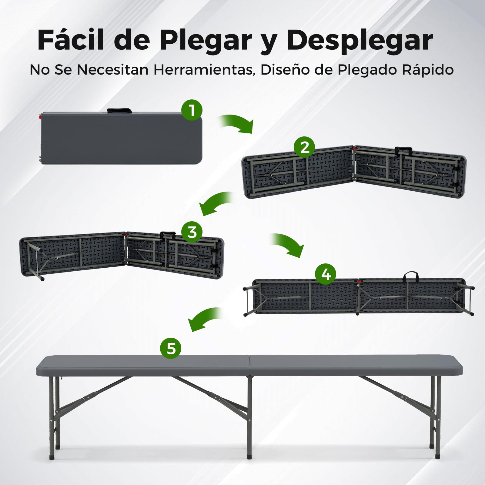 GOPLUS Banco Plegable Portátil para 4 Personas, Asiento Exterior Interior con Asa de Transporte, Banco Jardin Impermeable para Deportes Picnic Fiesta Camping Barbacoa (180x30x43 cm,Gris)