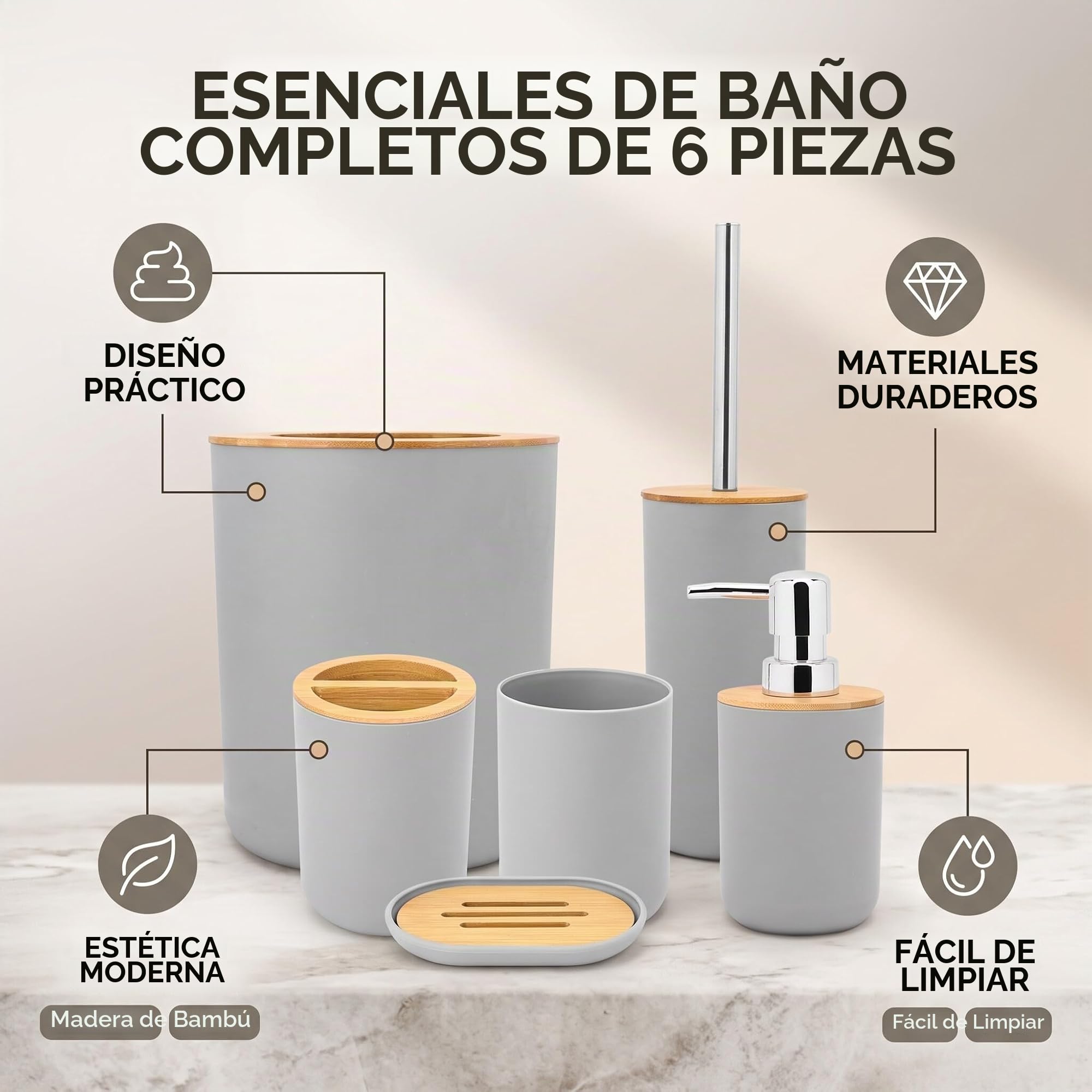 Juego de 6 Accesorios de Baño, Dispensador de Jabón, Jabonera, Soporte para Cepillo de Dientes, Taza de Enjuague