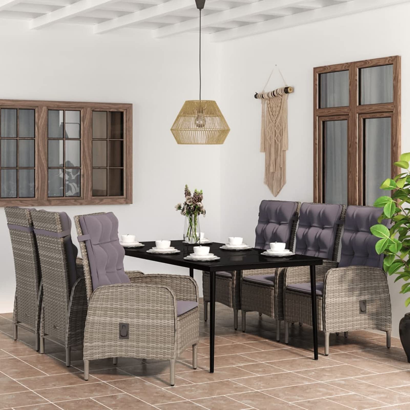 3099375 Set da Pranzo da Giardino 7 pz con Cuscini Grigio e Nero Testata in Legno,Testata Letto Matrimoniale Muebles Dormitorio Spalliera Letto Testiere per Letto Matrimoniale