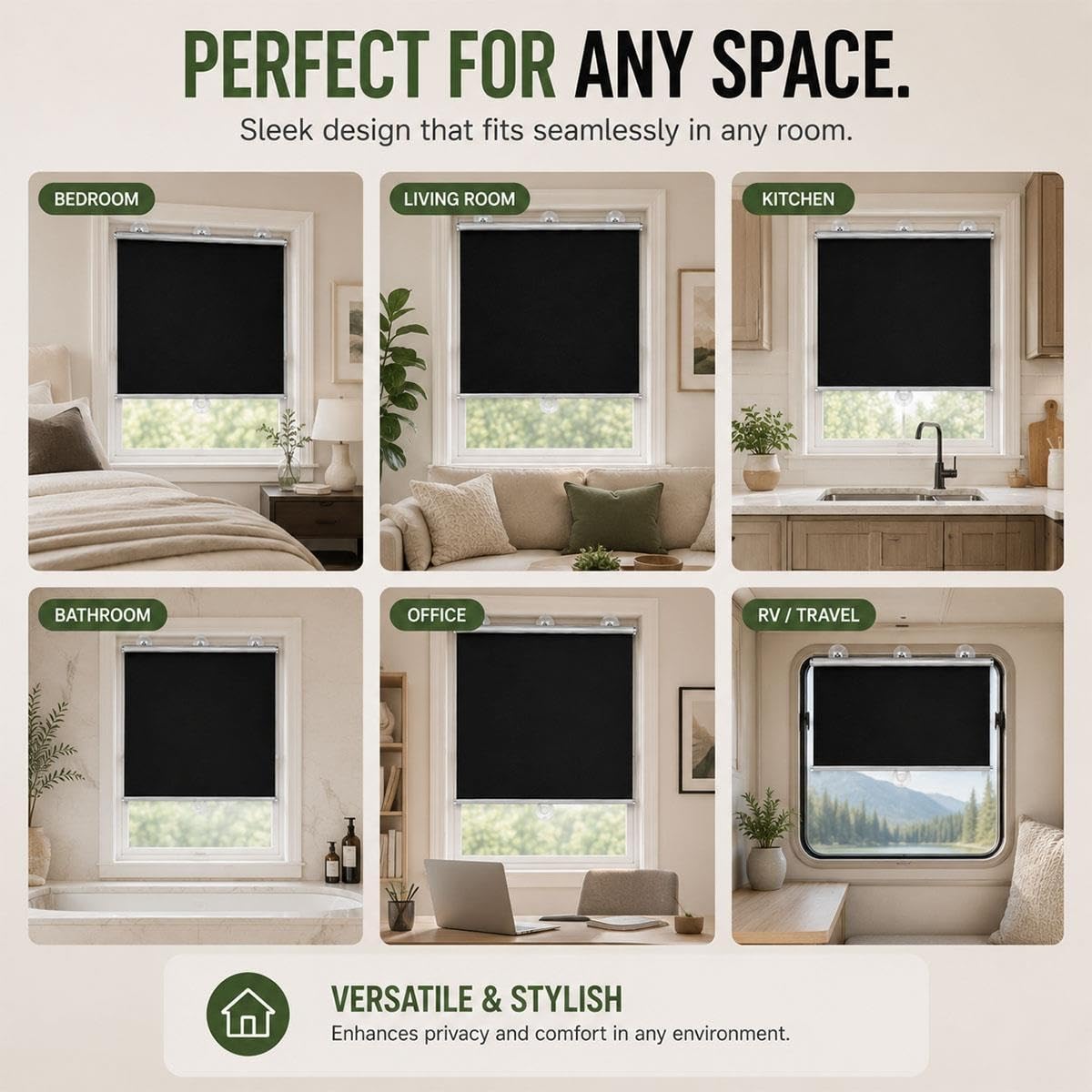 Tende Oscuranti Senza Forare per Finestre, Tende a Rullo con Ventose, Avvolgibili Retrattili per Camera, Ufficio, Camper, Viaggio e Casa in Affitto, per Privacy, Nere(W 70 x 80 cm)