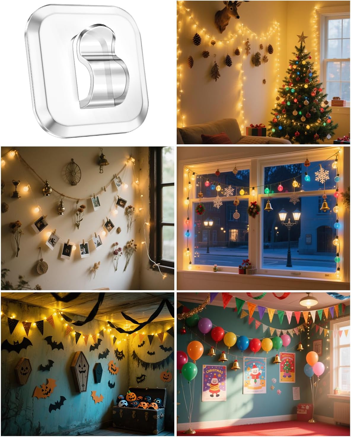 ispneay 50 Mini Light Hooks with Adhesive Strips: Indoor Clear Small String Light Clips Damage Free - Plastic Wall Hook for Hanging - Fairy Tiny Christmas Light Cable Hangers Clip Decoration Decor