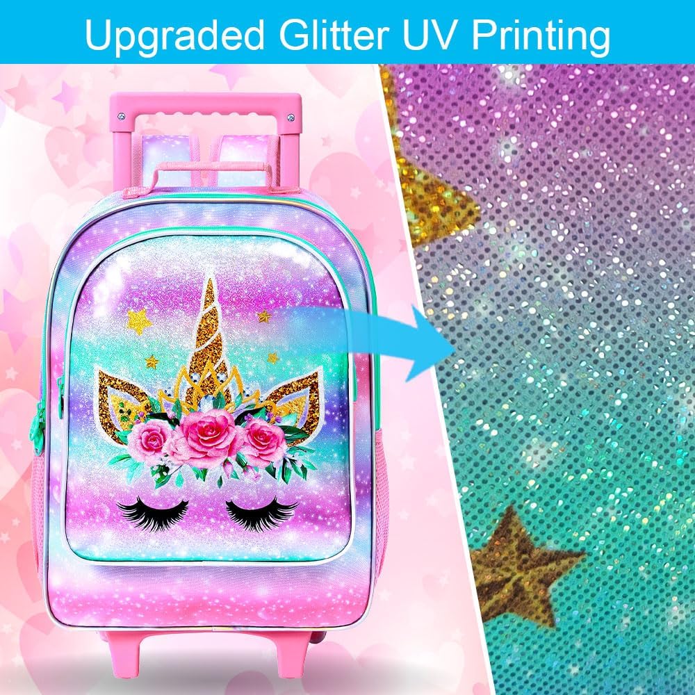 CCJPX 3Pcs Unicorn Rolling Backpack for Girls, 18" Kids Roller Wheels School Bookbag Set, Travel Wheeled School Bag for Toddler Elementary Children(Pink) - Image 5